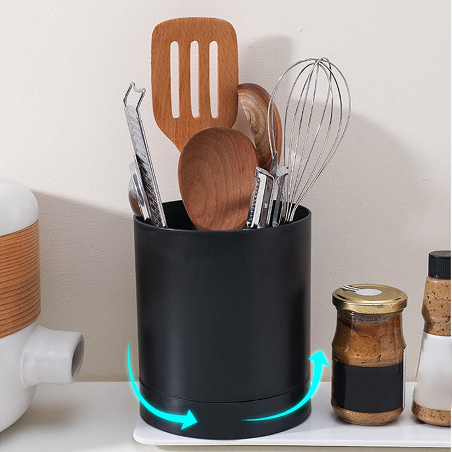 360° Rotating Black Utensil Holder Caddy, 3 Compartment Kitchen Utensil Holder Rotating Utensil Organizer Large Utensil Caddy Kitchen Utensil Pot Utensil Crocks for Kitchen Countertop