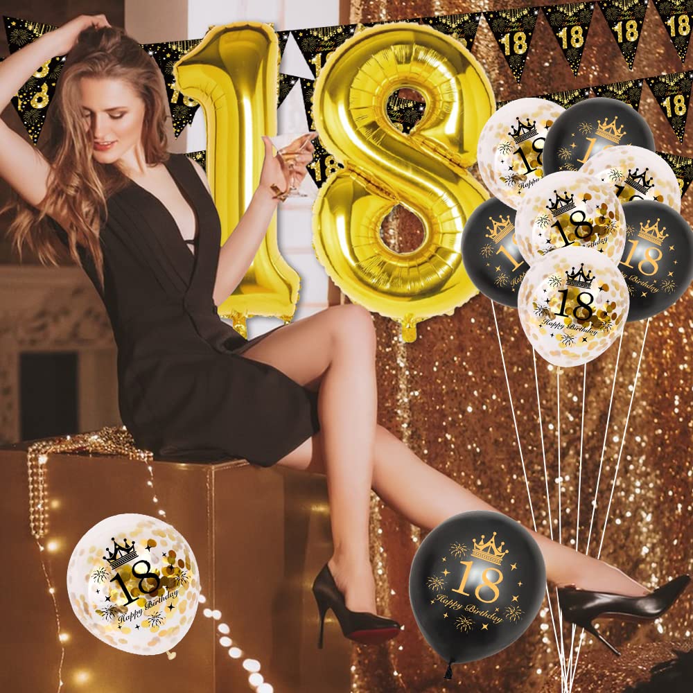 18th Birthday Decoration, 18 Party Decoration Black Gold Balloons Birthday, 18th Birthday Women Men 18th Happy Birthday Banner Triangle 18 Balloon Decoration for Woman Birthday Party Cake Topper