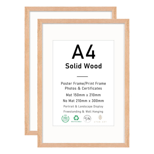 A4 Certificate Picture Frame, OAK Wood Photo Frame with mount for 15x21 cm print, Poster Frame with plexiglass for Wall Mount Display, 21x30 cm, Set of 2 A4 (2 Pack)