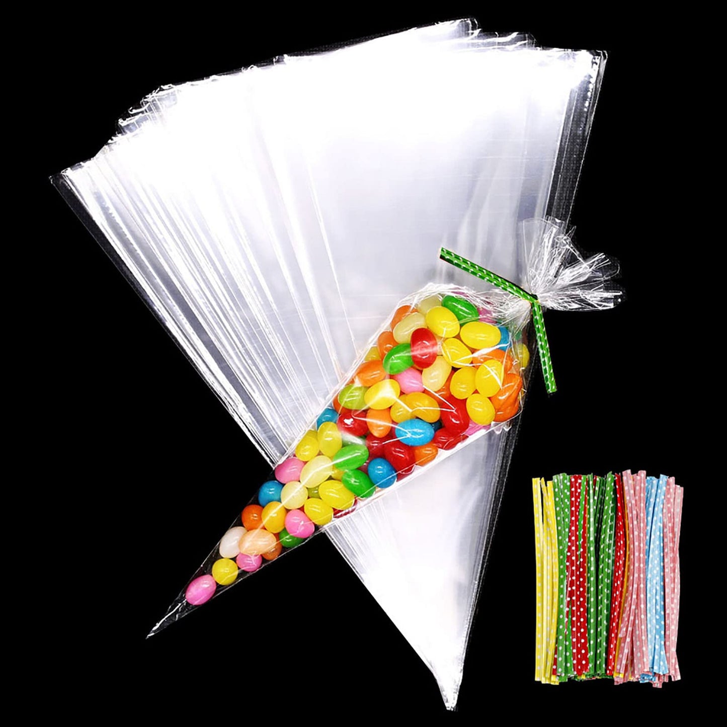 120Pcs Sweet Cone Bags, 30x16 cm Large Clear Cellophane Bags Cone Bags Treat Bags with Colourful Twist Ties for Party Christmas Festivals Candy Cookie Baking Wrapping