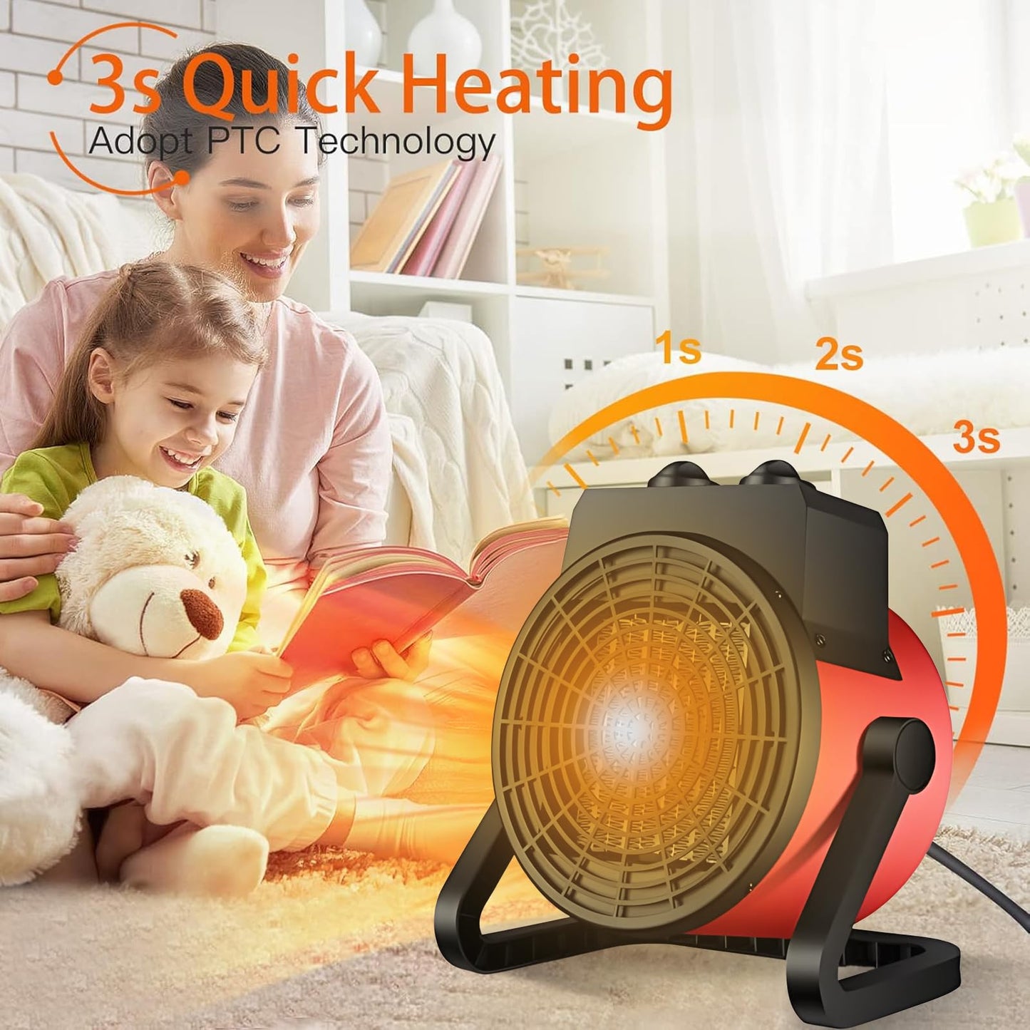 2KW Fan Heater 2in1 PTC Ceramic Space Air Warmer with Cool Air Fan mode Electric Home Office Workshop, 3' rapid heating, Three-speed mode, power adjustment, overheat Overheat protection