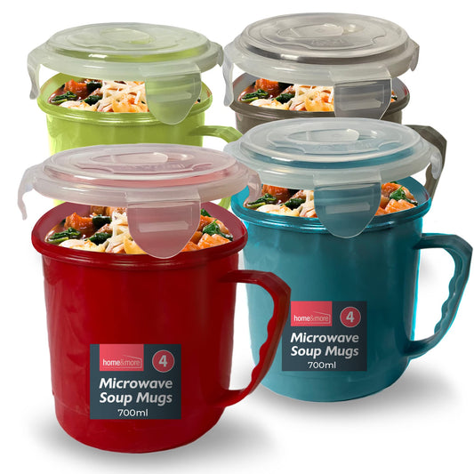 4pk Soup Containers with Lids | Microwavable Soup Mug with Lid | 700ml Microwave Bowl Soup Storage Containers | Dishwasher Safe Soup Cup | Soup Mugs Microwavable for Home & Office with Leak Proof Lids