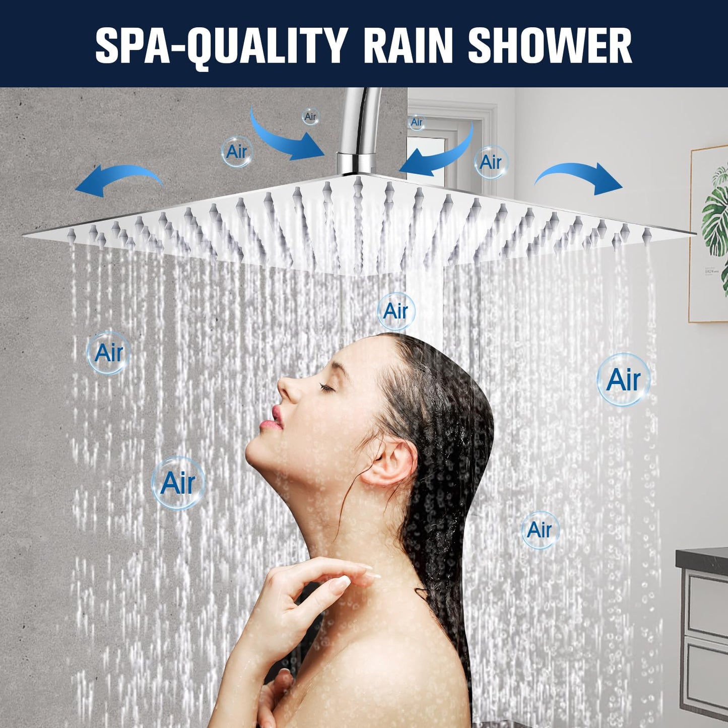 12inch Square Shower Hear, Large Rain Shower Head 304 Stainless Steel Bathroom Shower Head Waterfall Rainfall Showerhead (12inch Square) 12inch