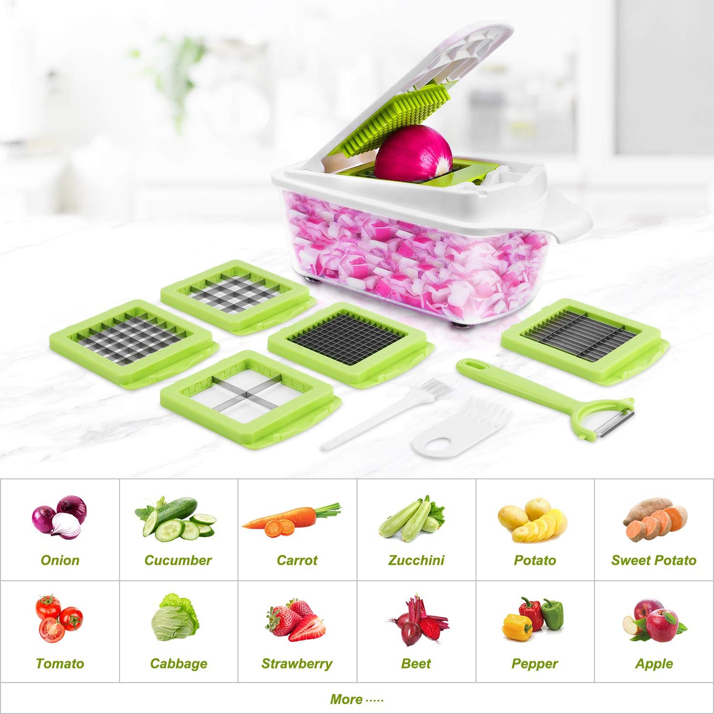 12 in 1 Vegetable Chopper Vegetable Dicer Multifunctional Vegetable Cutter Salad Chopper Onion Chopper Potato Cutter Onion Dicer Veg Dicer Veg Chopper with Container, Peeler, Cleaning Brush