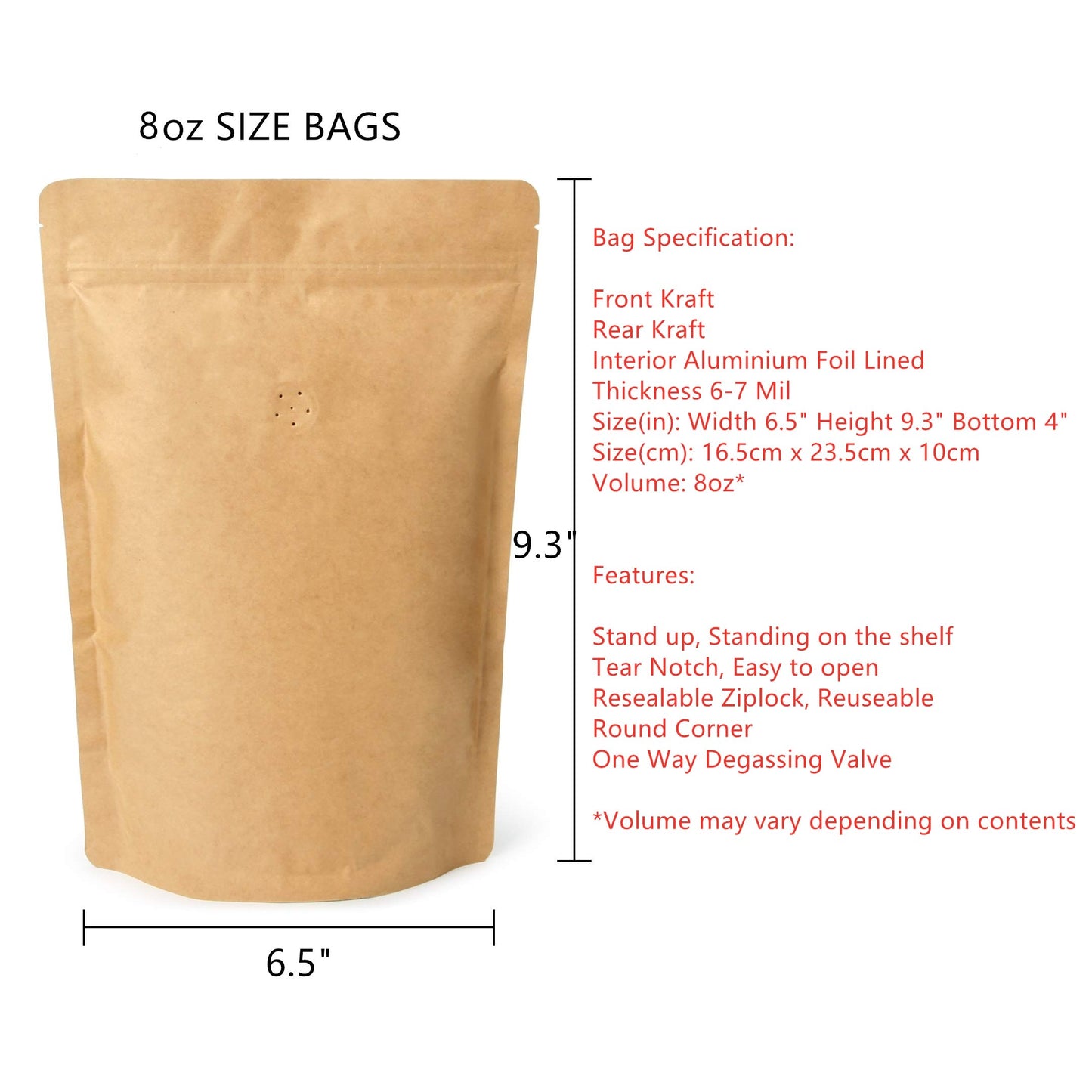 50 Counts High Barrier Natural Kraft Paper Stand up Zipper Coffee Pouch Bag with One Way Degassing Valve (50, 8 OZ/0.5 LB/224-250 Gram) 50