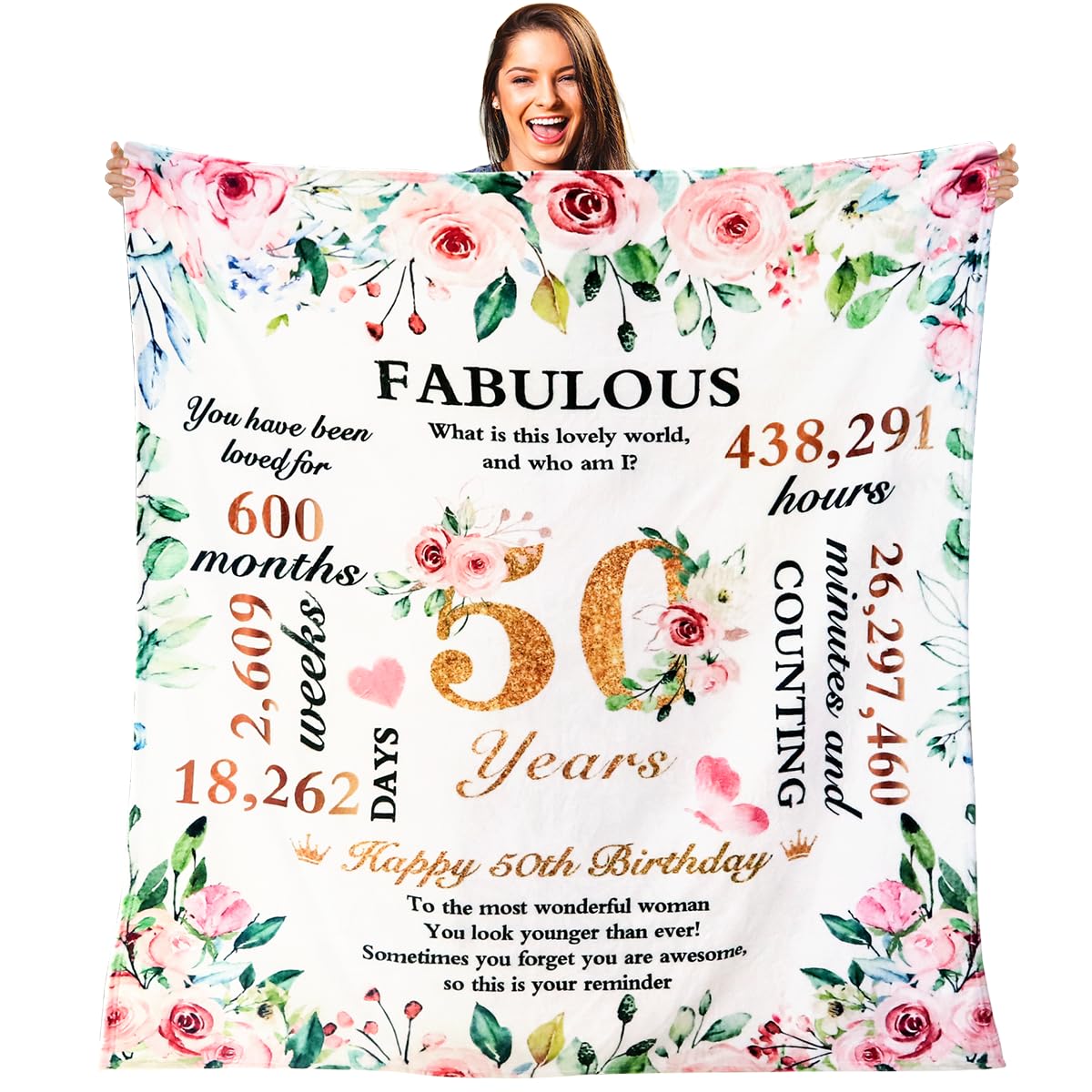 50th Birthday Gifts For Women, Throw Blanket For 50th Birthday, 50th Birthday Decorations, 50"x60" Soft Flannel Blanket, 50th Birthday Gift for Her, Wife, Sister, Friend 50*60'' 50th Gifts