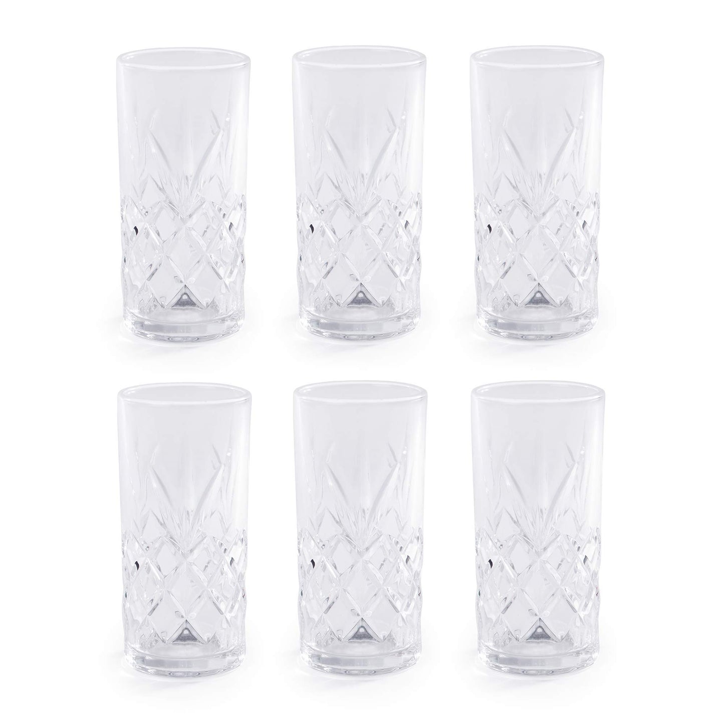 350ml Crystallised Glasses - Set of 6 | Highball Hi Ball Tumblers | Crystal Drinking Glasses | For Cocktails & Soft Drinks | Vintage Glassware | M&W