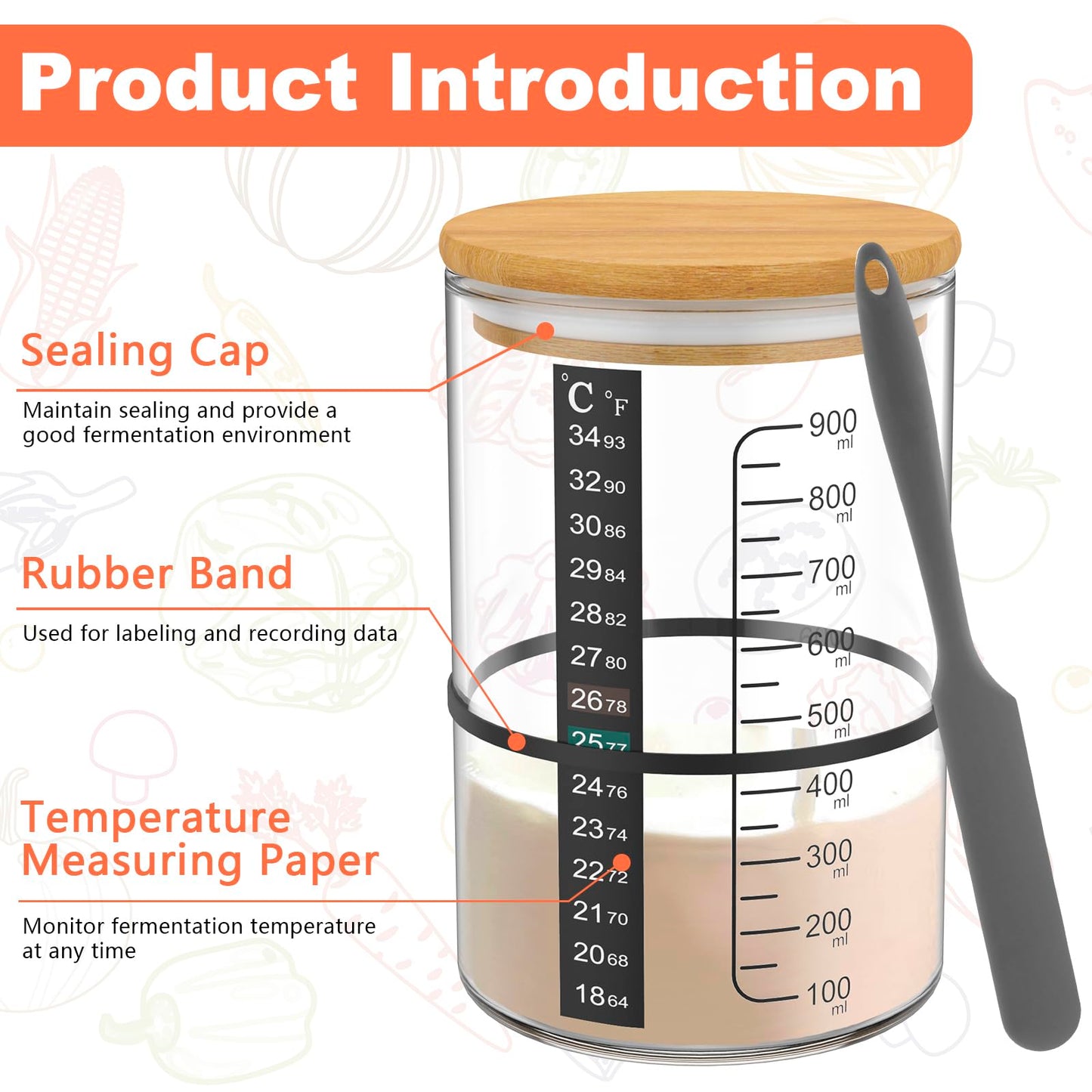 6Pcs Glass Sourdough Starter Jar Kit with Scale Thermometer Paper 900ml Sourdough Starter Container with Wooden Lid Cloth Cover Reusable Wide Mouth Sourdough Jar for Fermentation