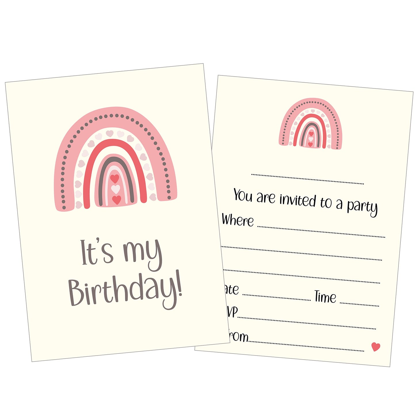 12 x Pink Rainbow Birthday Party Invitations with Bright Pink Envelopes 12 x Invitations & Envelopes