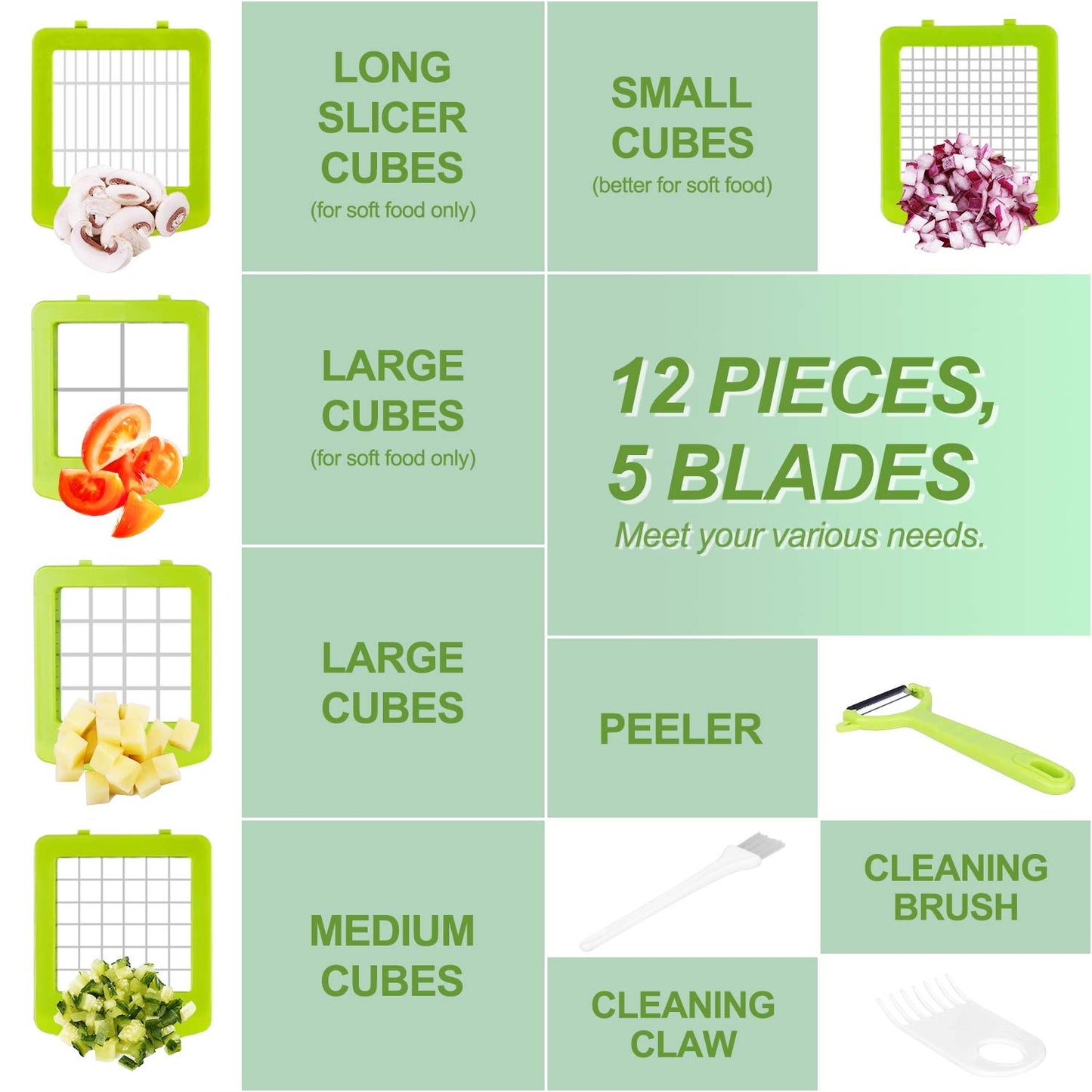 12 in 1 Vegetable Chopper Vegetable Dicer Multifunctional Vegetable Cutter Salad Chopper Onion Chopper Potato Cutter Onion Dicer Veg Dicer Veg Chopper with Container, Peeler, Cleaning Brush