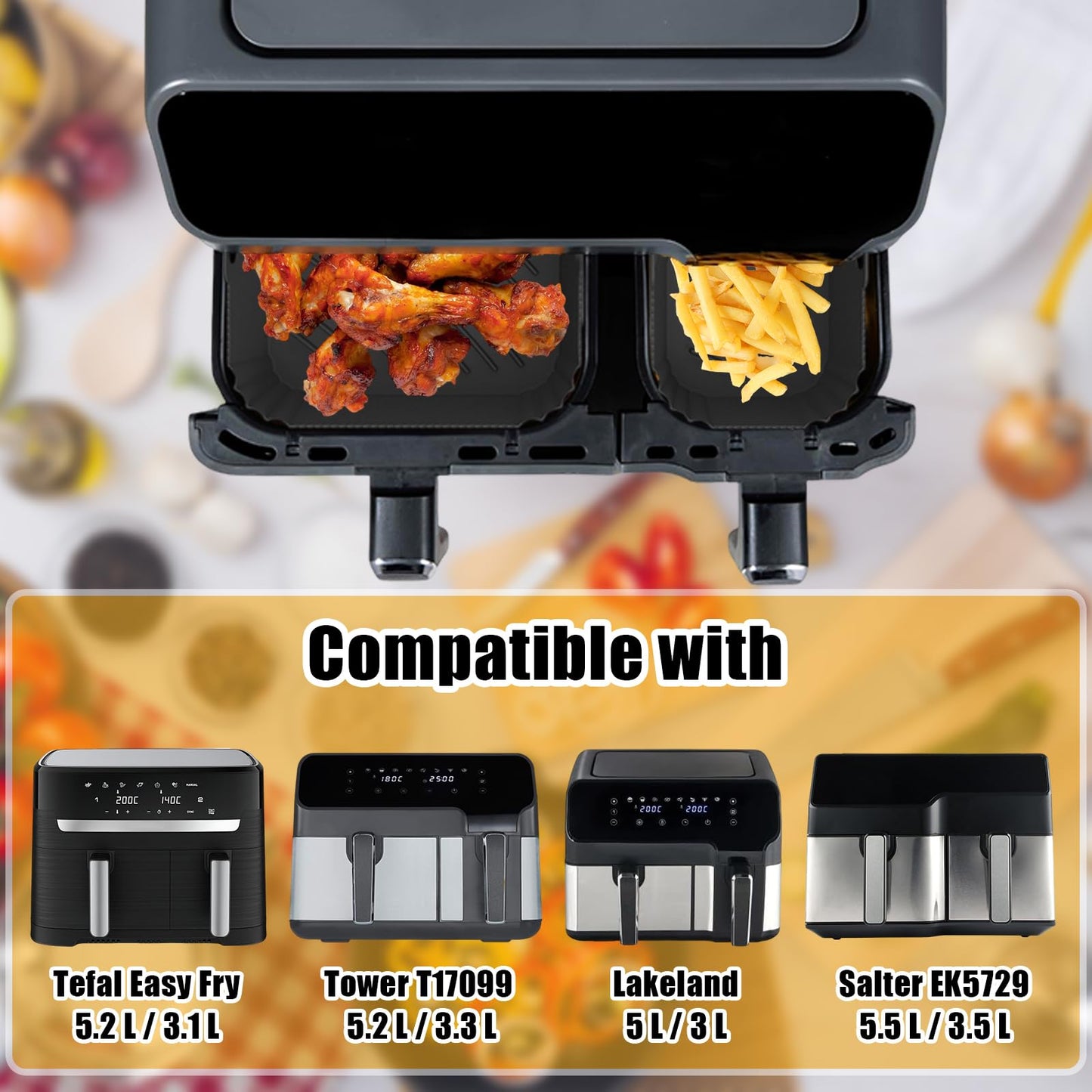 2pcs Reusable Air Fryer Silicone Liners for Tefal Easy Fry 5.2L/3.1L, Tower T17099 5.2L/3.3L, Lakeland 5L/3L, Salter 5.5L/3.5L, Two Sizes Airfryer Trays, Large&Small Dual Drawer Air Fryer Accessories