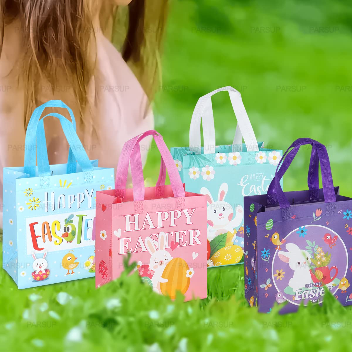 4PCS Happy Easter Egg Hunt Bags, Easter Bunny Carrot Chick Egg Bags with Handles, Easter Treat Bags, Non-Woven Bags for Gifts Wrapping, Egg Hunt, Easter Party Supplies, 23×22×11cm