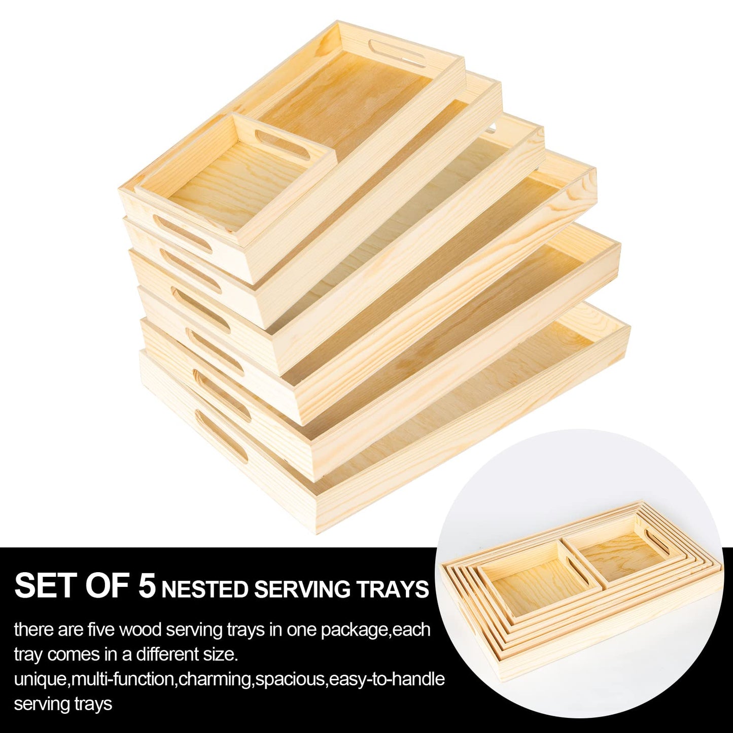 7PCS Wooden Serving Tray With Handles, Rectangular Wood Breakfast Food Serving Platter Trays for Eating Tea Coffee Snack, Wooden Tray for Crafts