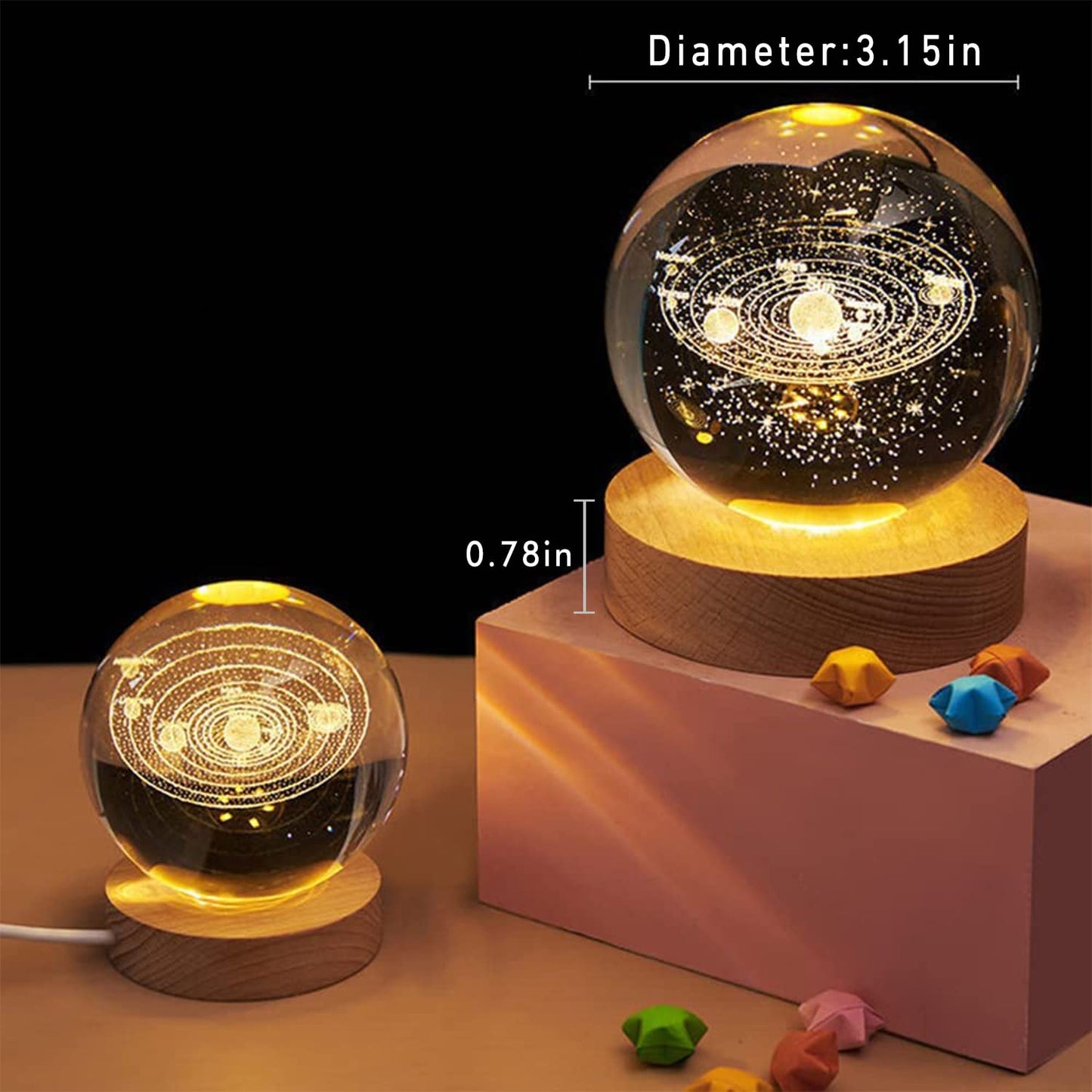 3D Planet Crystal Ball Night Light for Christmas, Space Galaxy Crystal Ball with Wooden Base,3D Engraved Solar System Crystal Ball with LED Light Base for Kids,Gift for Family Lovers Thanksgiving