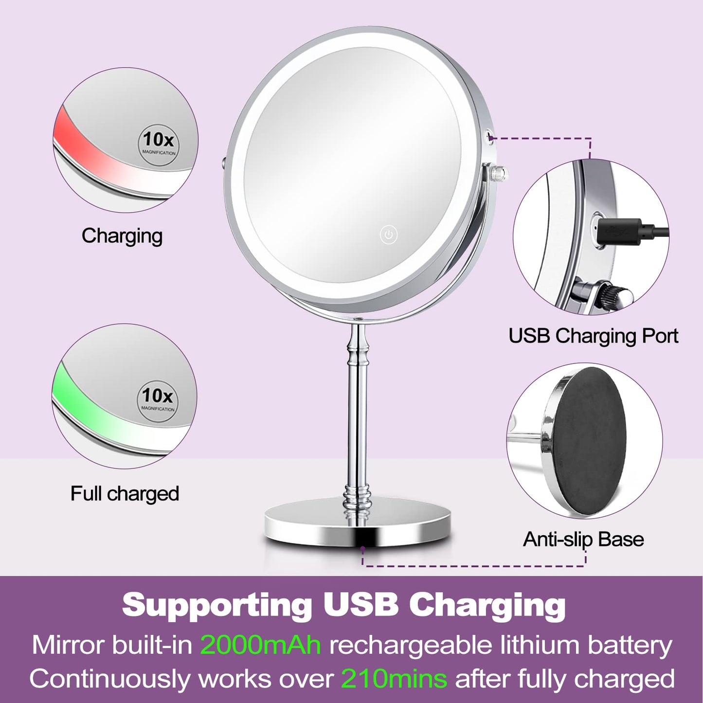 8in Rechargeable Lighted Makeup Mirror with 3 Color Lights Dimmable Double Sided 1X/10X Magnifying Mirror Touch Screen