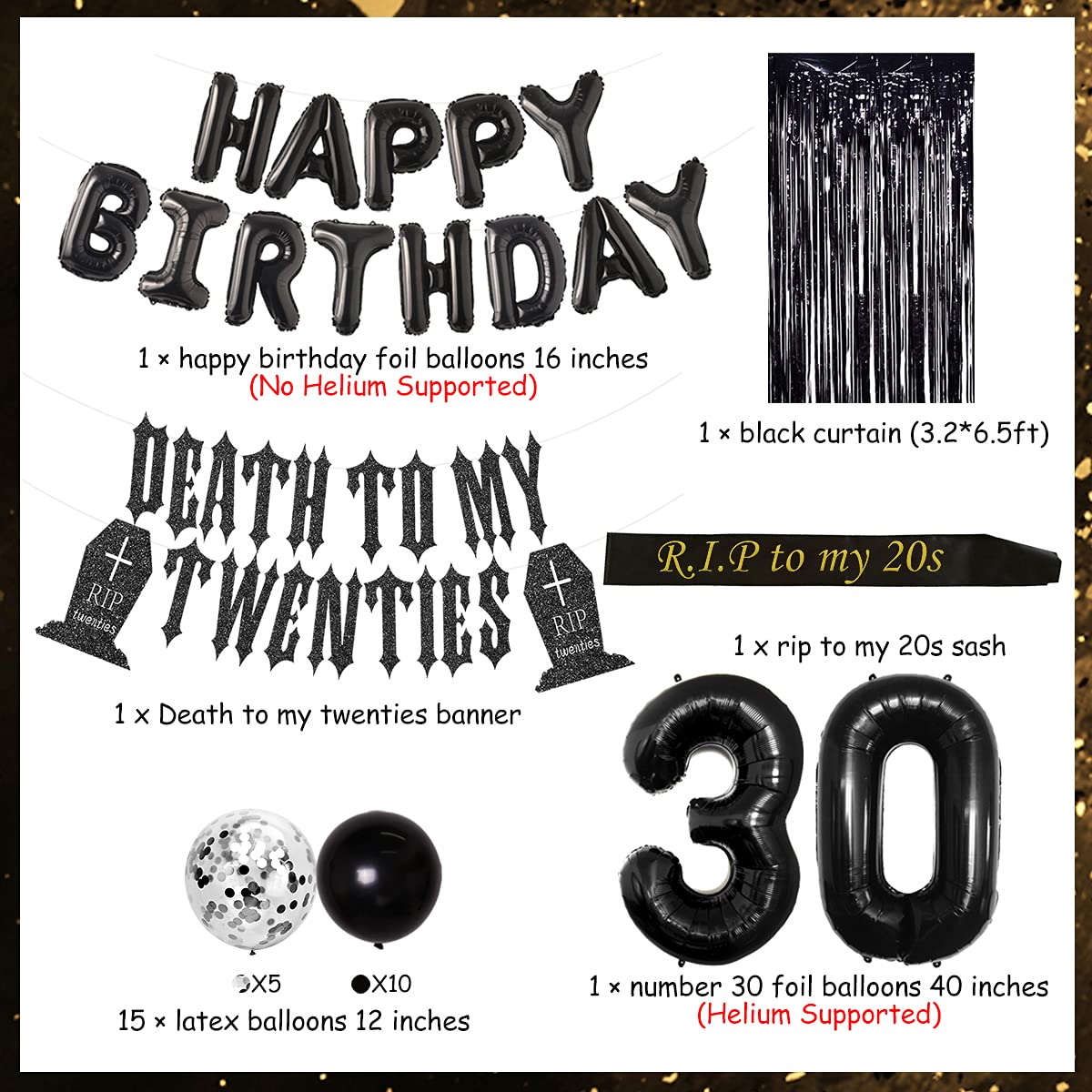 30th Birthday Decorations for Him Her Black Death to My Twenties Banner, Rip to My 20s Sash, Number 30 Balloon, Happy Birthday Balloon Banner, Foil Curtain for Funny Thirtieth Birthday Party Supplies Rip Twenties 1