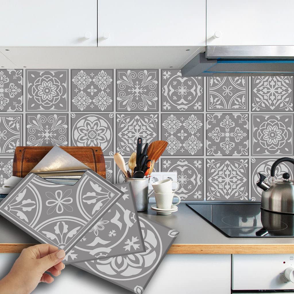 48 Grey Tile Stickers Victorian Mosaic Style Tile Stickers Transfers Cover for Tile Kitchen Bathroom Stick On Wall Peel and Stick Tile Stickers Decals Transfers. (6"- 48 Stickers) 6"- 48 Stickers