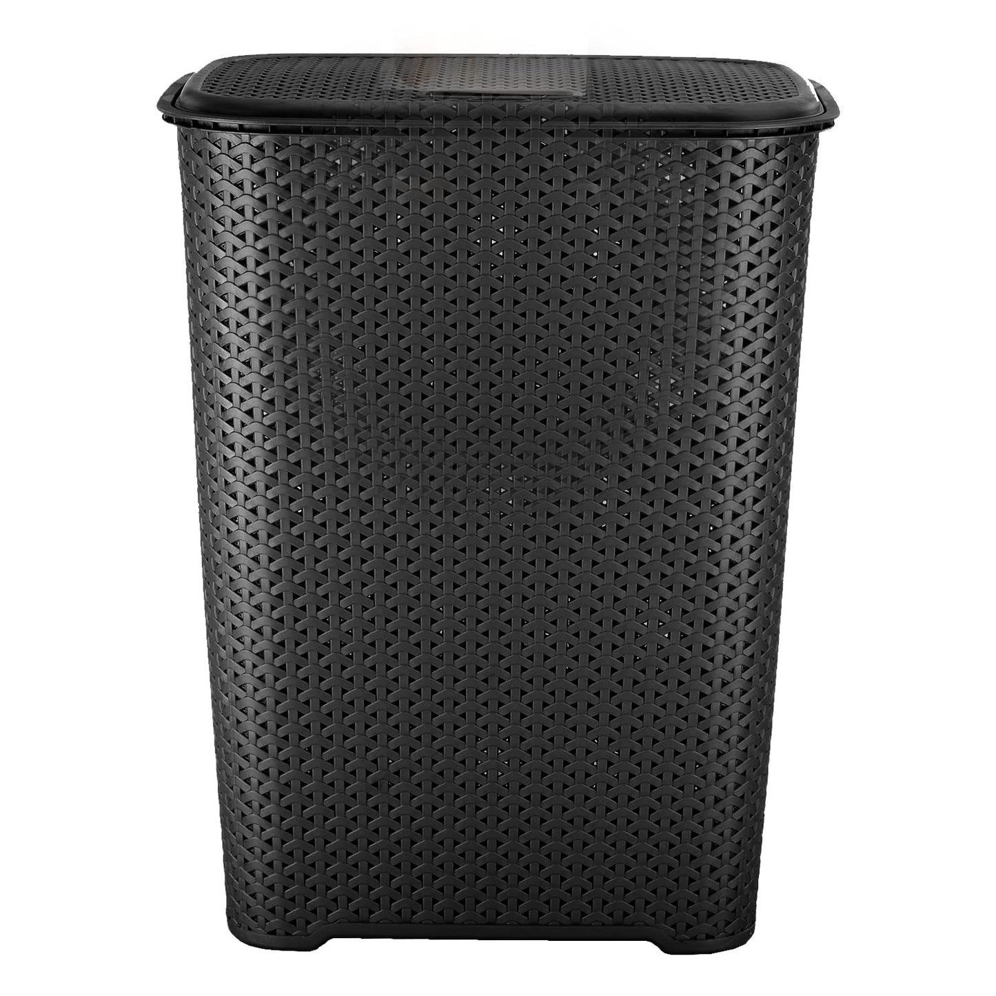 (Set of 2) 65L Litre Laundry Basket with Flip Lid Knit Design Plastic Hamper Washing Baskets Freestanding Sturdy Tall Laundry Sorter Bin Storage Basket Linen Clothes Laundry Hamper Box (Black) Black