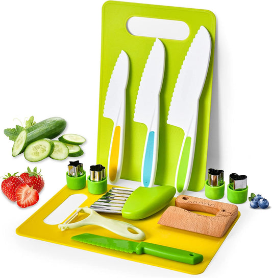 13 Pieces Kids Kitchen Knife Set,Wooden Safety Knives for Real Cooking Toddler Knife Set Include 4 Toddler Knives with Serrated Edges, Cutting Boards, Crinkle Cutter, Peeler and Wooden Safe Knife