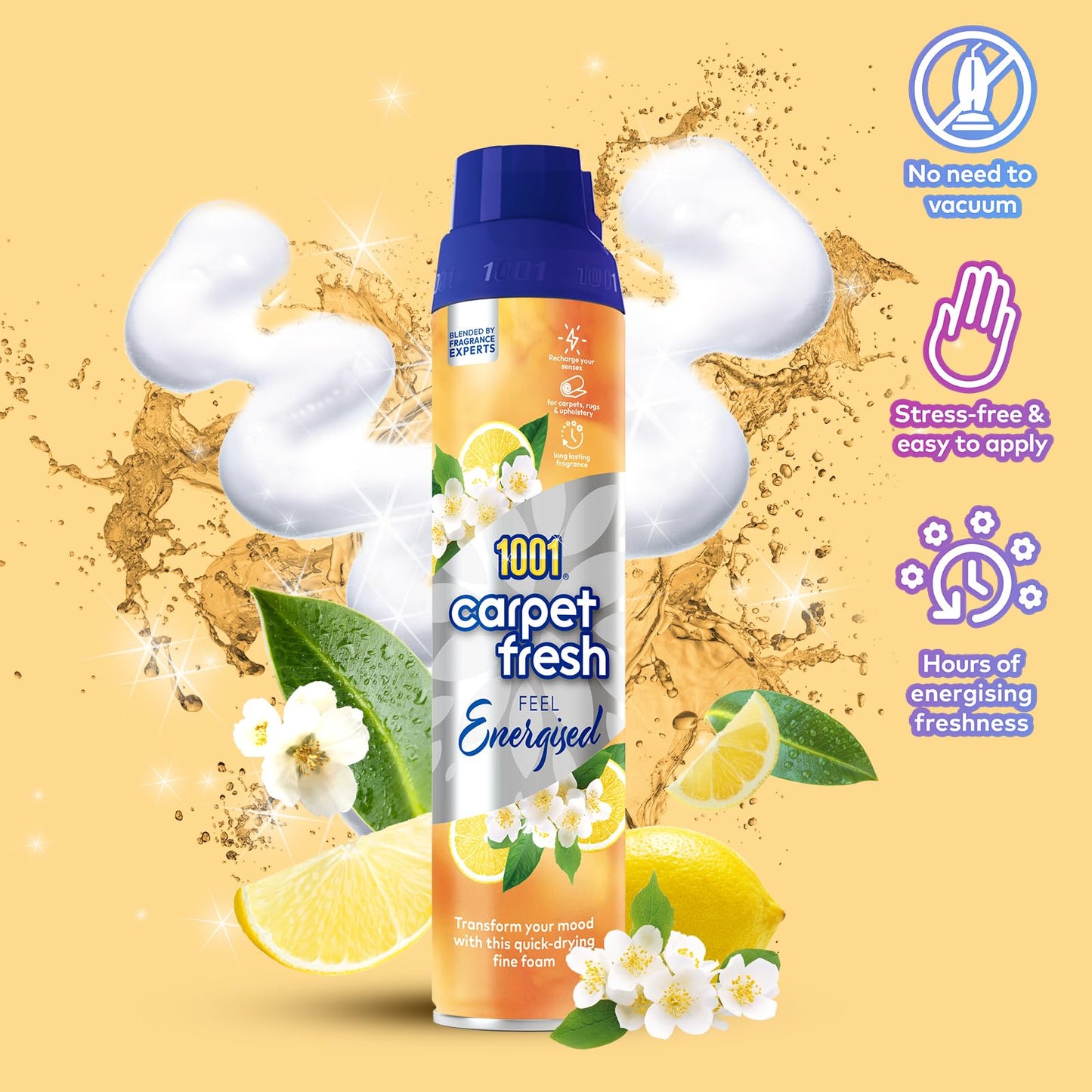 1001 Carpet Fresh Feel Energized 300ml Can - Invigorating Lemon Scent for Long-Lasting Freshness and Stress-Reducing Odor Elimination, Quick Drying, No Need to Hoover NEW MOOD ENERGISED 300 ml (Pack of 1)