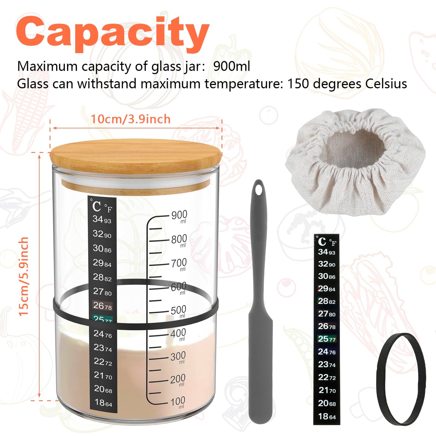 6Pcs Glass Sourdough Starter Jar Kit with Scale Thermometer Paper 900ml Sourdough Starter Container with Wooden Lid Cloth Cover Reusable Wide Mouth Sourdough Jar for Fermentation