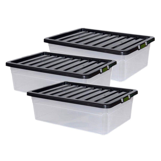 32L 32 Litre Large Big Plastic Storage Clear Box Strong Stackable Container & Lids - Set of 3 Boxes