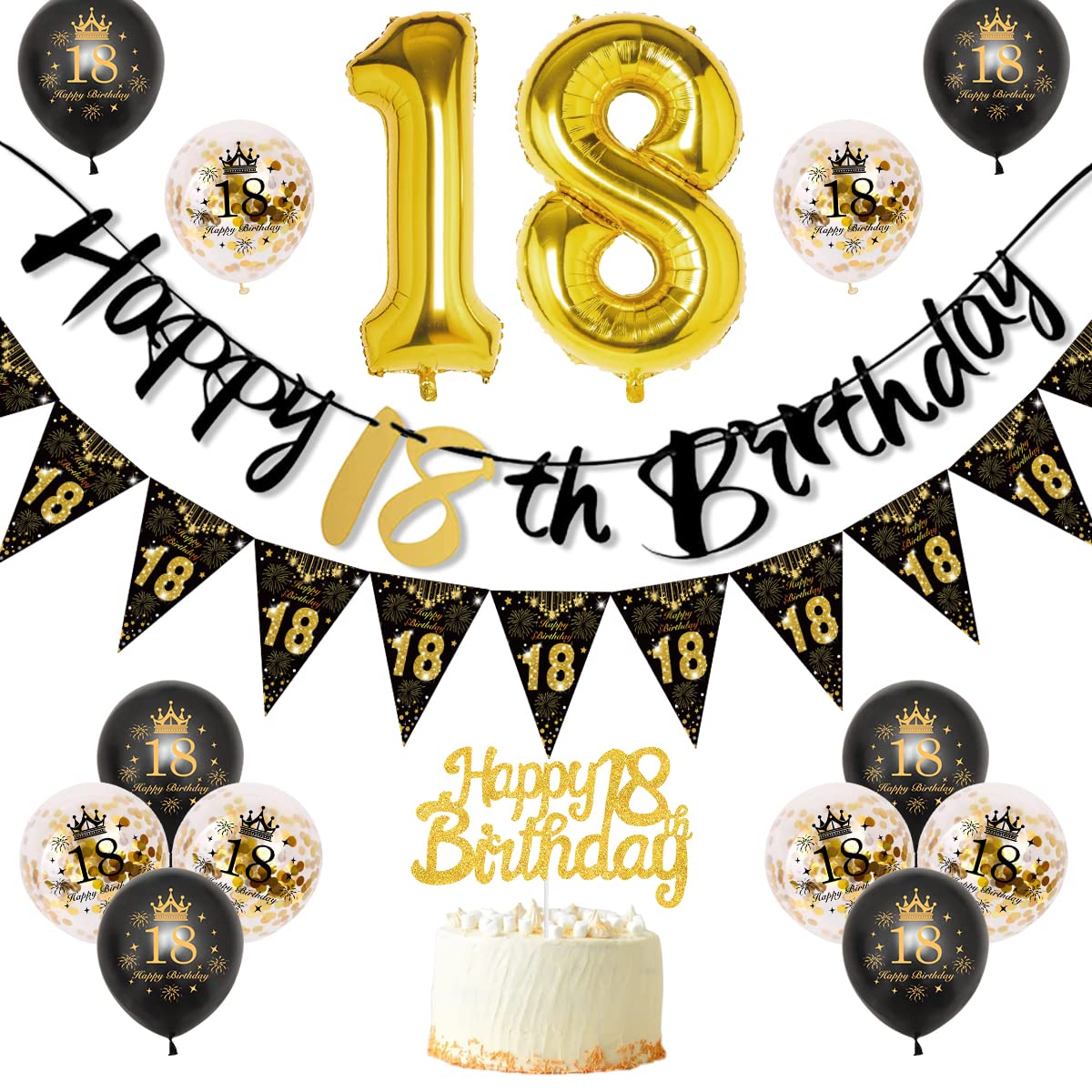 18th Birthday Decoration, 18 Party Decoration Black Gold Balloons Birthday, 18th Birthday Women Men 18th Happy Birthday Banner Triangle 18 Balloon Decoration for Woman Birthday Party Cake Topper