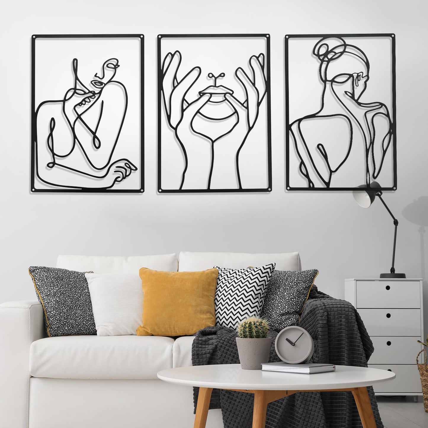 3 Pieces 35*25cm Metal Wall Decor, Modern Minimalist Wall Decor, Abstract Woman Wall Art, Black Line Wall Sculpture, Female Silhouette Wall Hanging Decorations for Bedroom Kitchen Bathroom Living Room Stylish