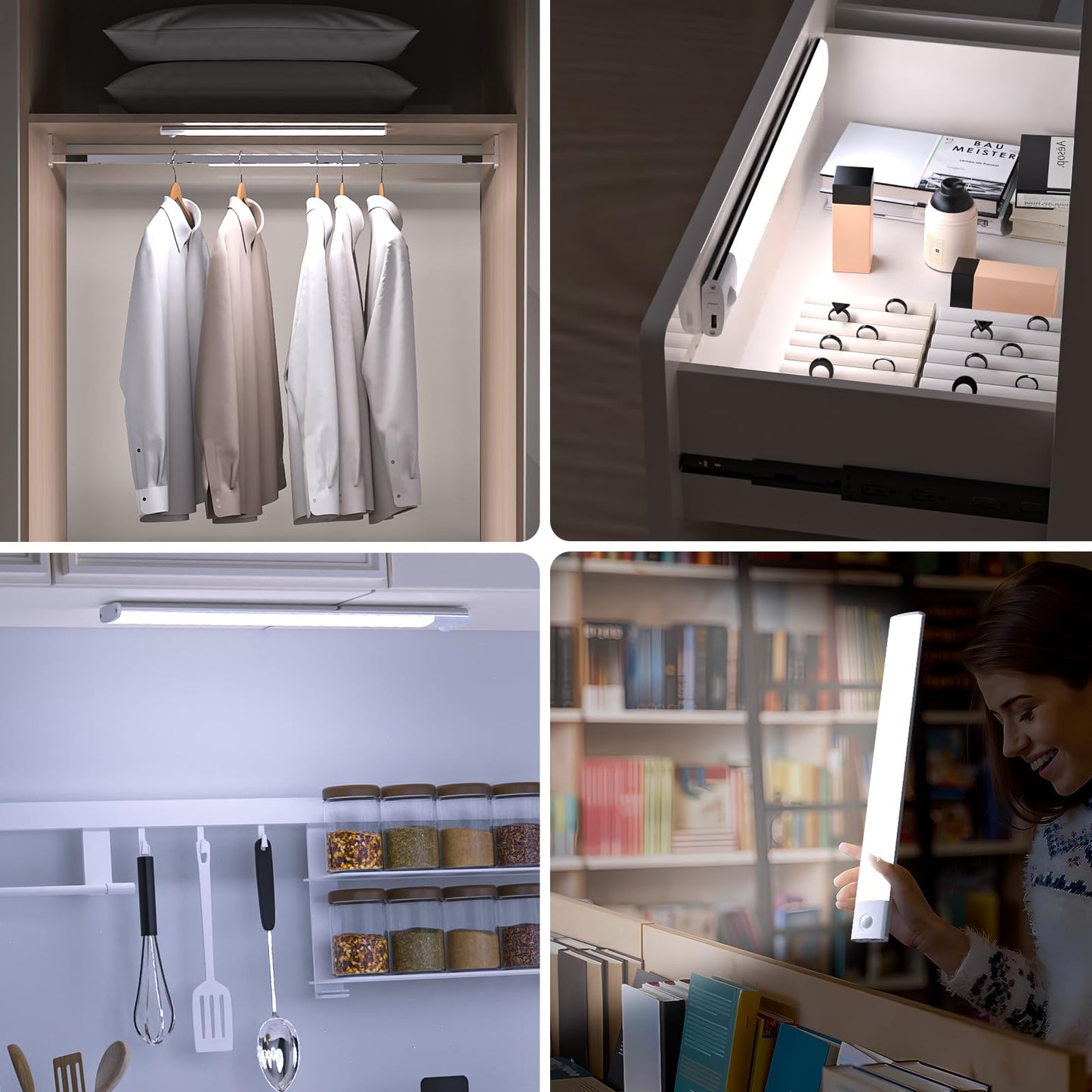 30CM Under Cabinet Kitchen Lights, 3Pack 180 LED Motion Sensor Cupboard Lights Indoor, 2500mAh Wireless Wardrobe Lights USB Rechargeable Battery Operated, Magnetic Closet Light for Stairs, Hallway 3PCS Cabinet Lights