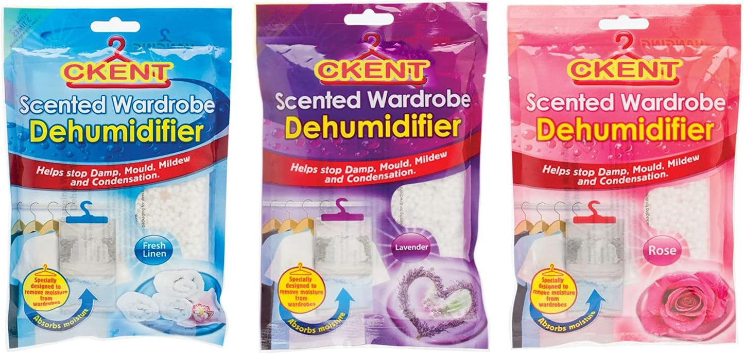 2 X Set of 3 Scented Hanging Wardrobe Dehumidifiers Damp Mould Condensation Control (Rose,Lavender,Fresh Linen)