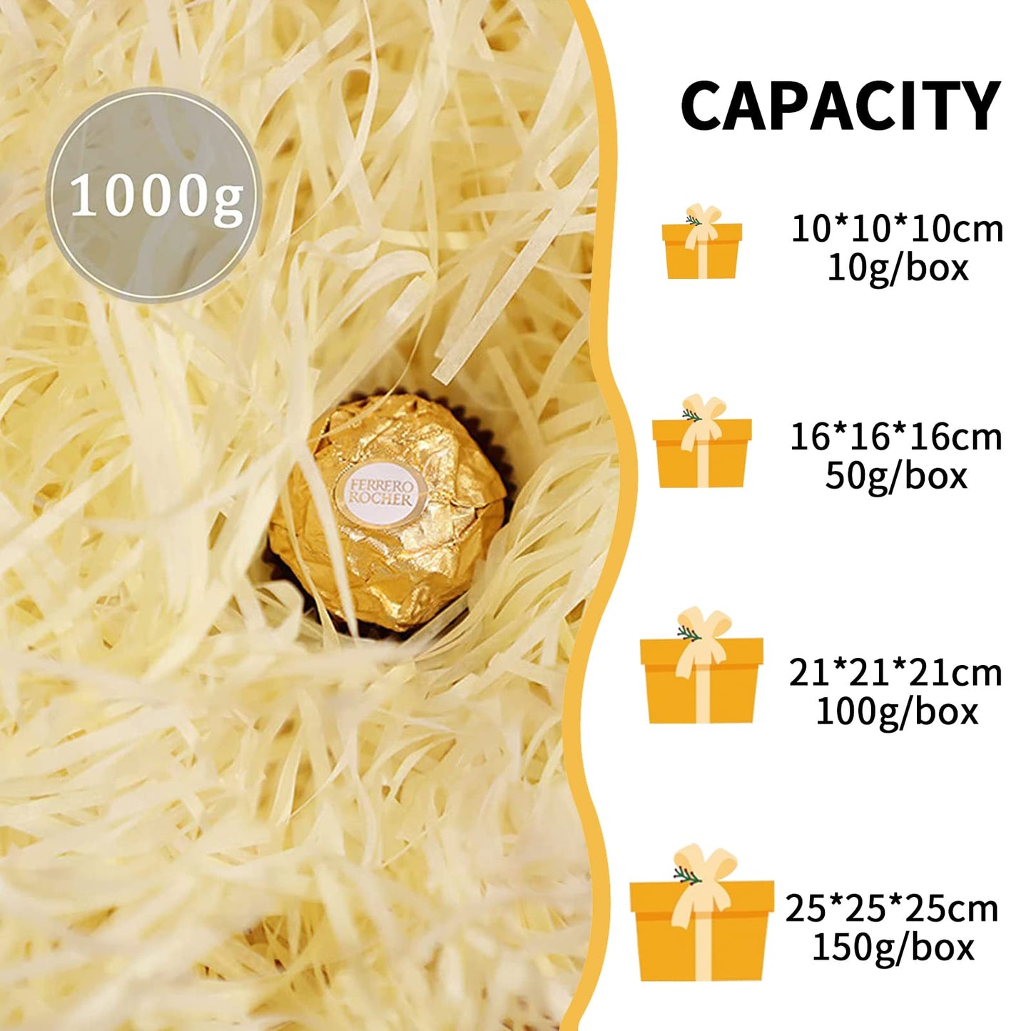 1000g Shredded Tissue Paper for Gift Boxes, Dust-Free Shredded Paper for Hampers, Hampers Filling, Basket Packaging Filler, Cream Yellow