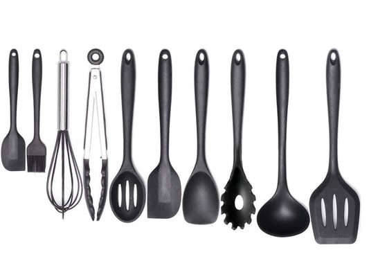 10-Piece Silicone Kitchen Utensil Set - Non-Stick, Heat Resistant Cooking Utensils Set of Spatula, Turner, Spoons, Tong, Oil Brush and Whisk (Black)