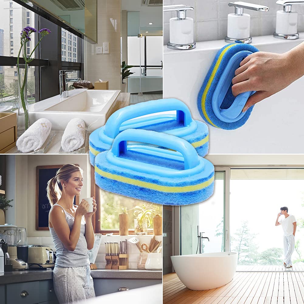 2Pcs Cleaning Brush,Bathroom Cleaning Sponge,Cleaning Sponge for Kitchen Bathtub Bath Toilet Wall Floor Tile Scrub Brush with Handle