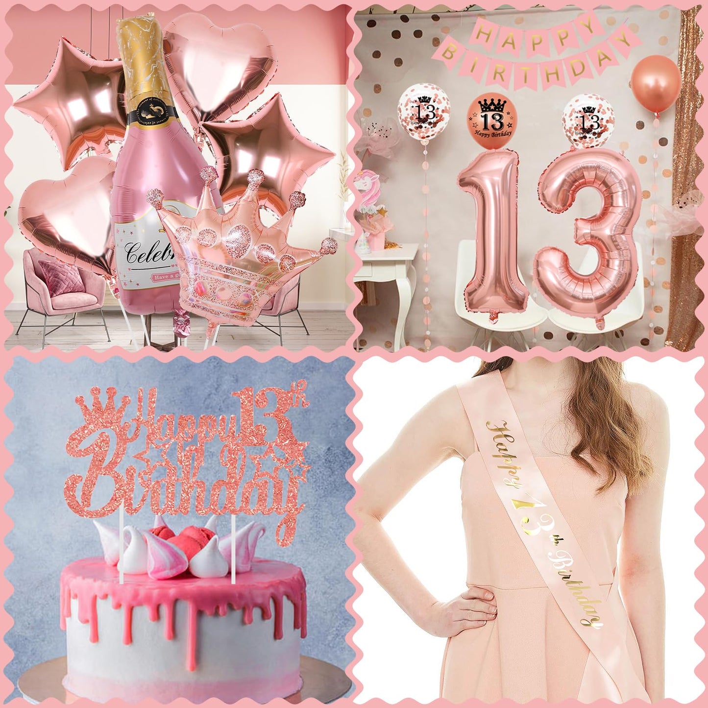 13th Birthday Decorations Girls,13th Birthday Decorations for Girls, WKxinxuan 13th Birthday Banner 13th Sash 13th Balloons Champagne Crown Foil Balloon 13th Birthday Gifts for Girls 13th Birthday Decoration