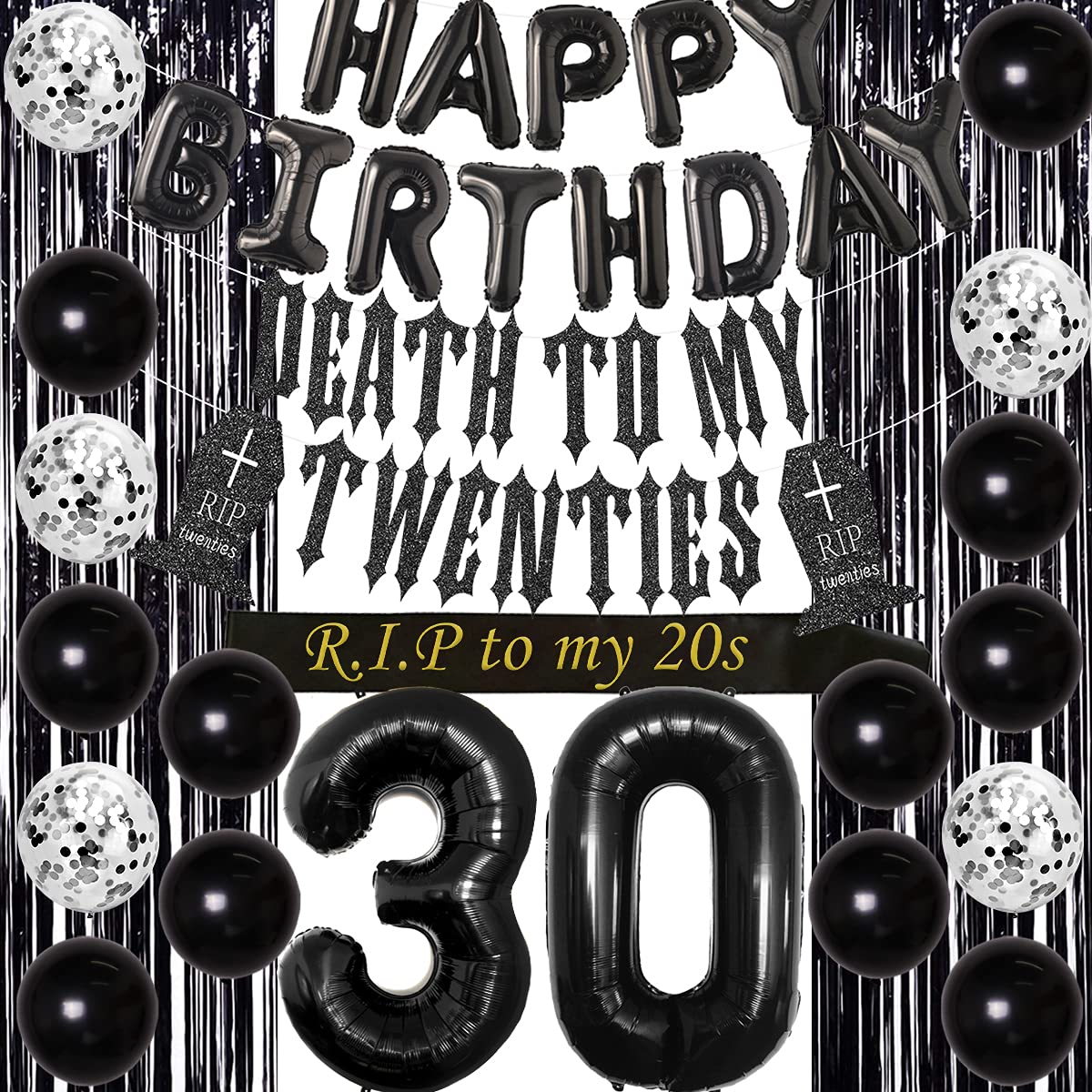 30th Birthday Decorations for Him Her Black Death to My Twenties Banner, Rip to My 20s Sash, Number 30 Balloon, Happy Birthday Balloon Banner, Foil Curtain for Funny Thirtieth Birthday Party Supplies Rip Twenties 1