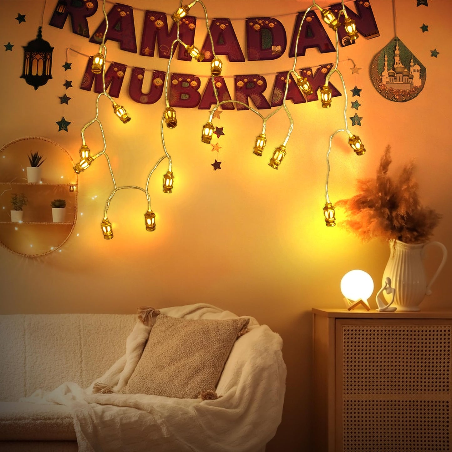 10.3 Ft Muslim Ramadan String Lights, 20LED Golden Islam Lantern Shape, Eid Mubarak String Lights Decoration for Home Festival Party Bedroom Birthday Decorations, Warm Yellow Style 1