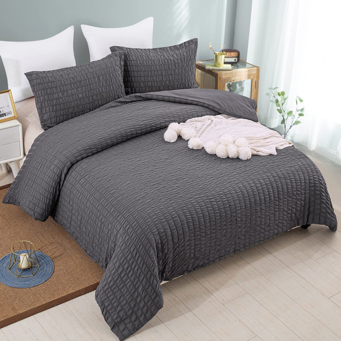 3 Pcs Dark Grey Seersucker Duvet Cover Sets with Pillow Case Seersucker Bedding Set with Zipper Closure Soft Microfibre Puckering Bedding Set King Size 220 x 230 cm King Size 220x230cm Dark Gray