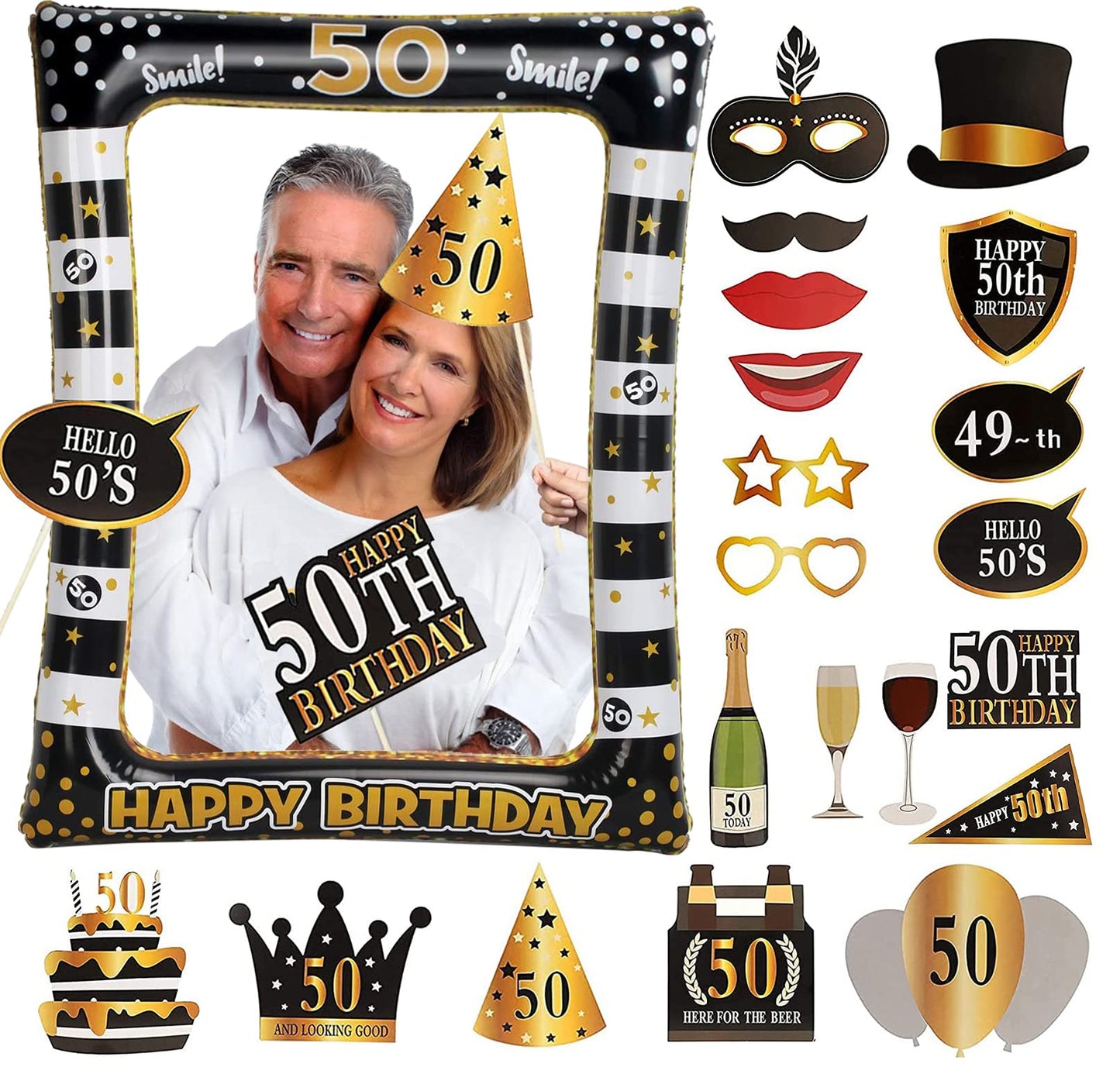 50th Birthday Photo Booth Frame, 50th Inflatable Selfie Frame and 24 Pcs 50th Birthday Photo Booth Props Black Gold Party Supplies Fun 50th Props for Ladies Men 50th Birthday Party Decorations