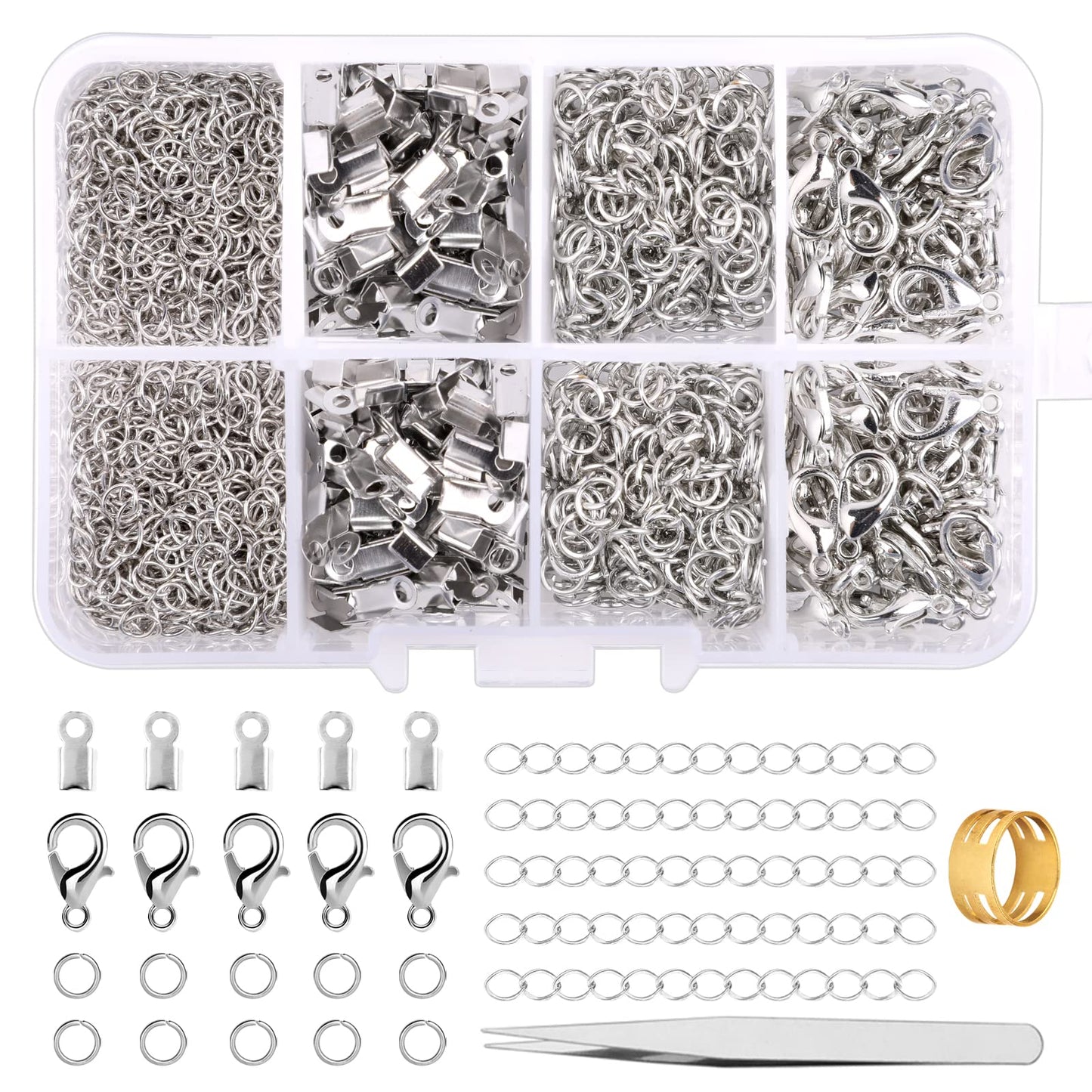 300 Pcs Jewellery Clasps Set, Lobster Clasps with Jump Rings, Crimp Ends, Chain Extender, Jump Ring Opener and Tweezer, Bracelet Clasps Necklace Connectors for Jewellery Making DIY Craft (Silver) Silver