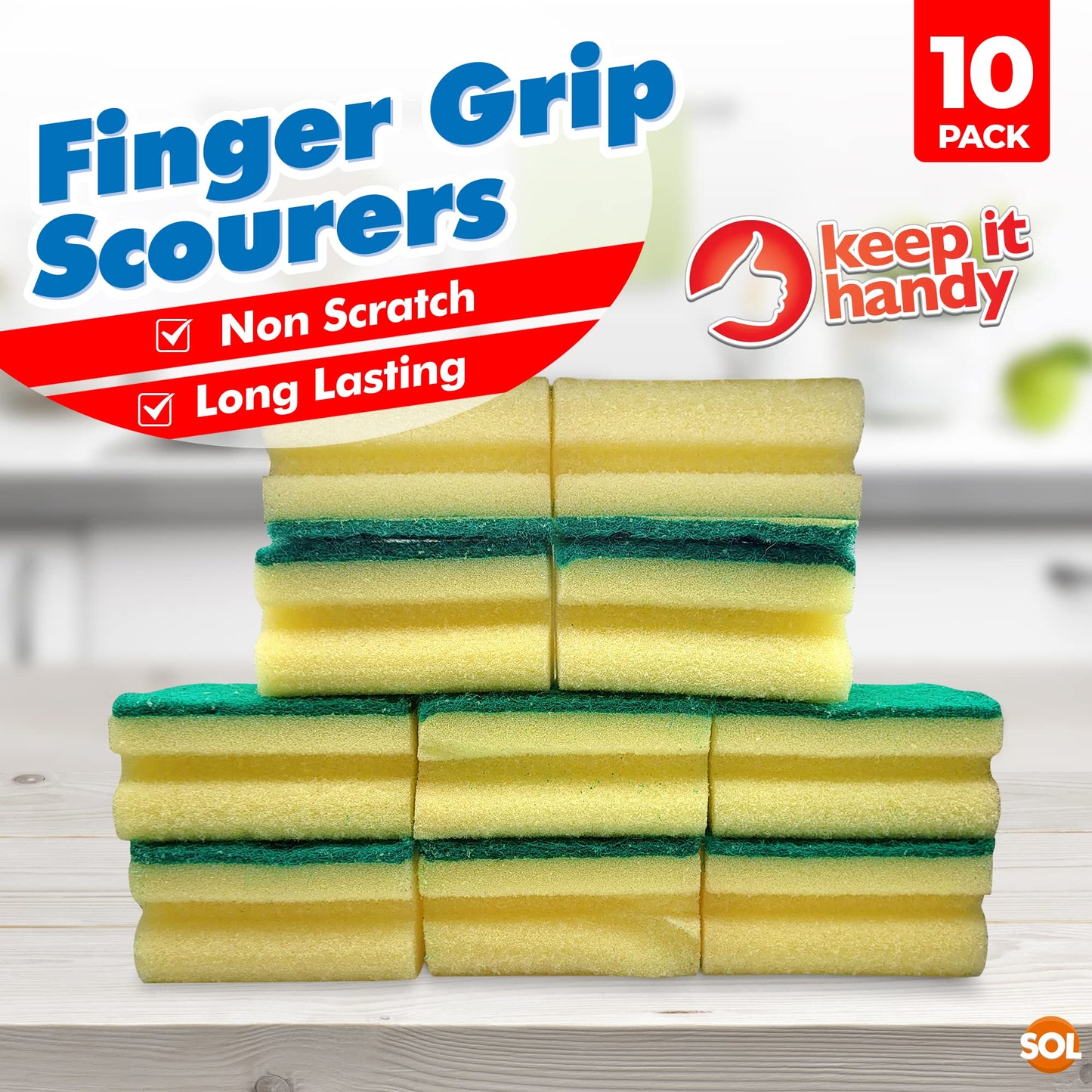 10pk Heavy Duty Sponge Scourer with Finger Grip | Sponges Washing Up | Scourers Sponge | Kitchen Sponge | Dish Sponge | Cleaning Sponges | Washing Up Sponge for Kitchen and Bathroom + SOL Sticker