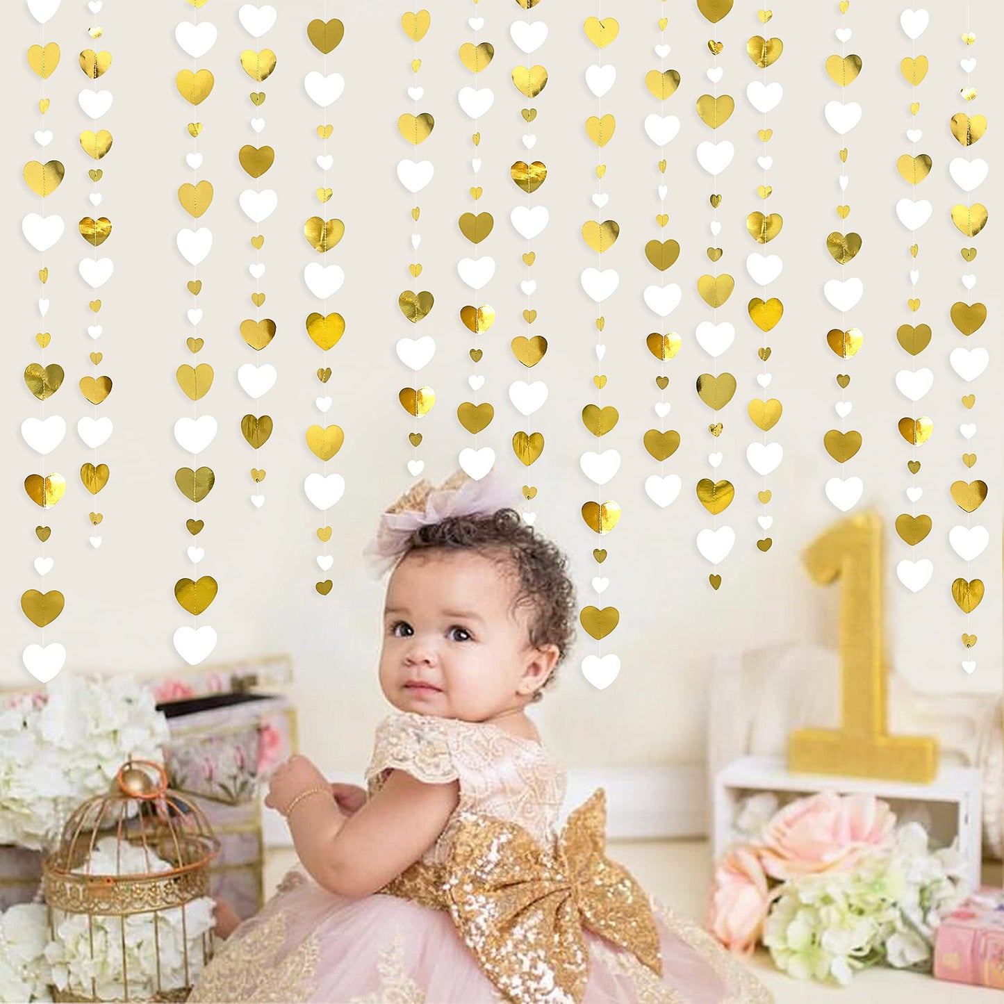 52Ft White and Gold Love Heart Garland Hanging Paper Streamer Banner for Anniversary Bachelorette Engagement Wedding Bridal Shower Birthday Father's Mother's Day Valentines Christmas Party Decorations White Gold Hearts Streamer