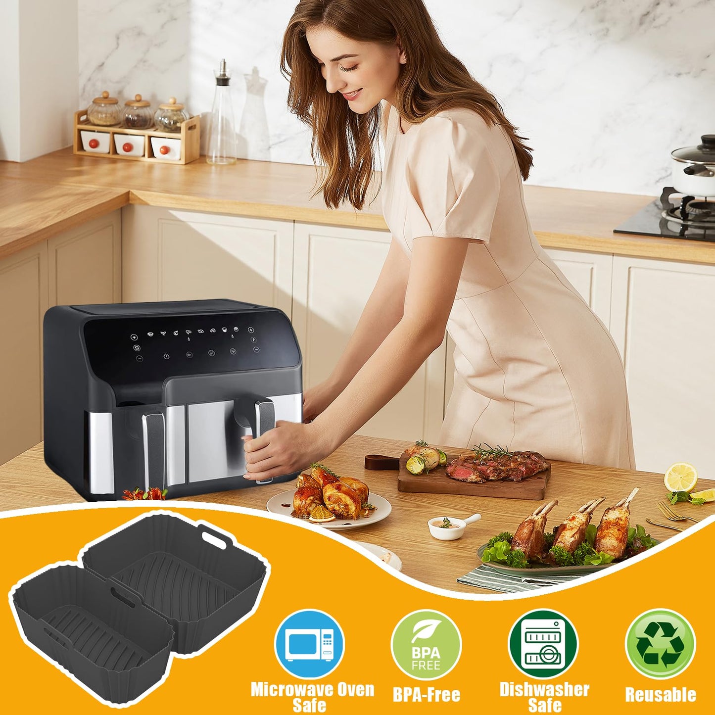 2pcs Reusable Air Fryer Silicone Liners for Tefal Easy Fry 5.2L/3.1L, Tower T17099 5.2L/3.3L, Lakeland 5L/3L, Salter 5.5L/3.5L, Two Sizes Airfryer Trays, Large&Small Dual Drawer Air Fryer Accessories