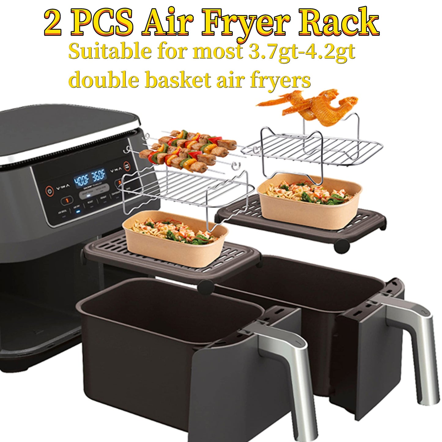 2 Pcs Air Fryer Rack for Ninja Dual Zone, Air Fryer Accessories, Stainless Steel Grill Rack with Skewers, Oil Brush Compatible with Ninja AF300UK/AF400UK, Tower, Salter and Other Dual Zone