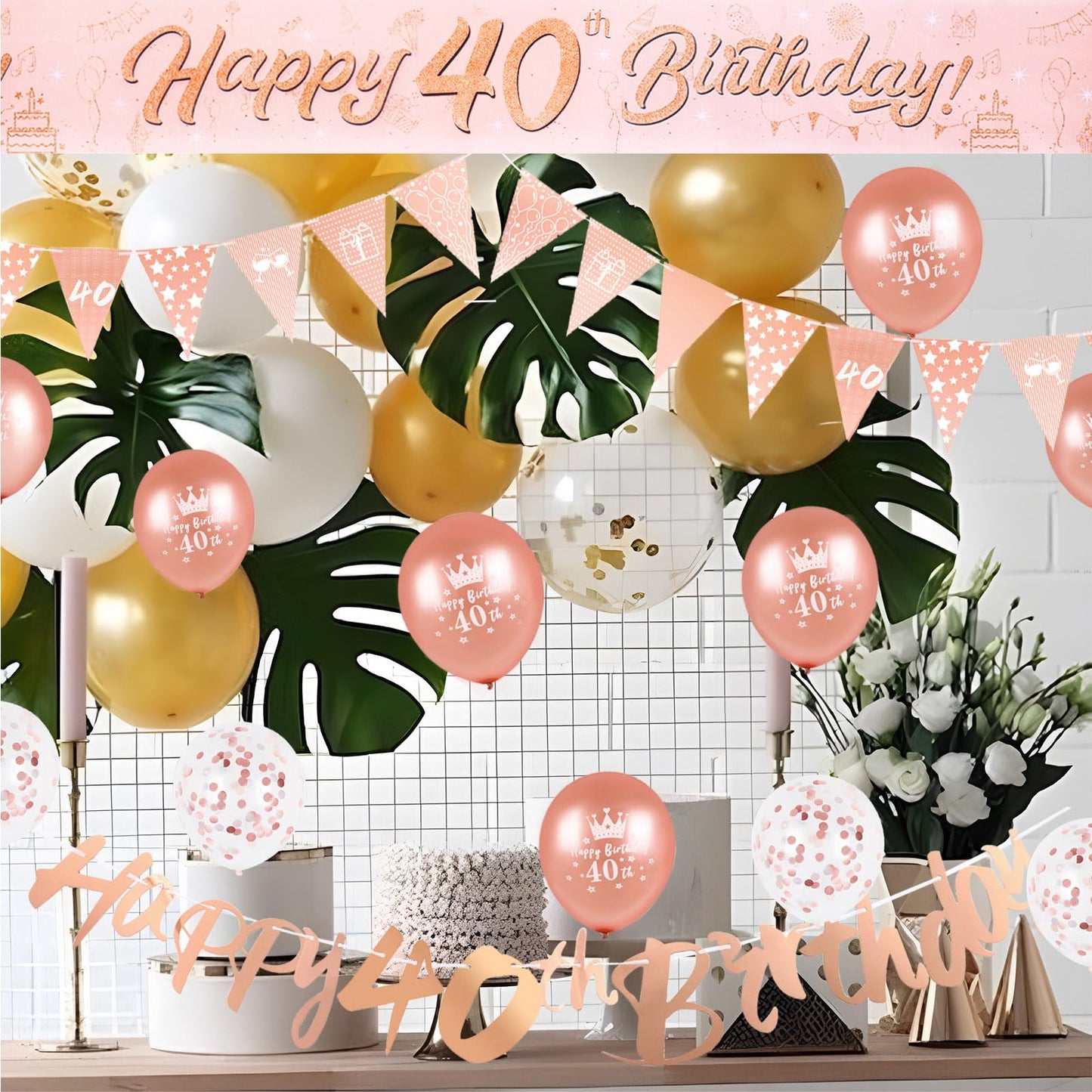 40th Birthday Decoration Kit Rose Gold Happy 40th Birthday Banner Triangle Flag Confetti Balloons Birthday Party Decorations Supplies Age 40