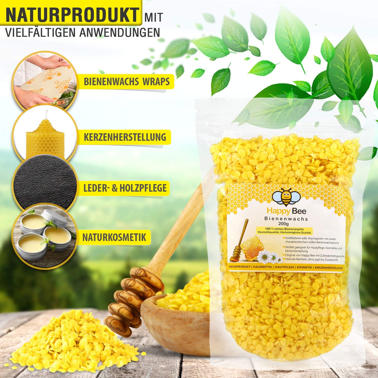 100% Pure Beeswax - 200 g Pure Yellow Beeswax Pellets - Ideal pastilles for Cosmetics and Candle Making with The Whole Family