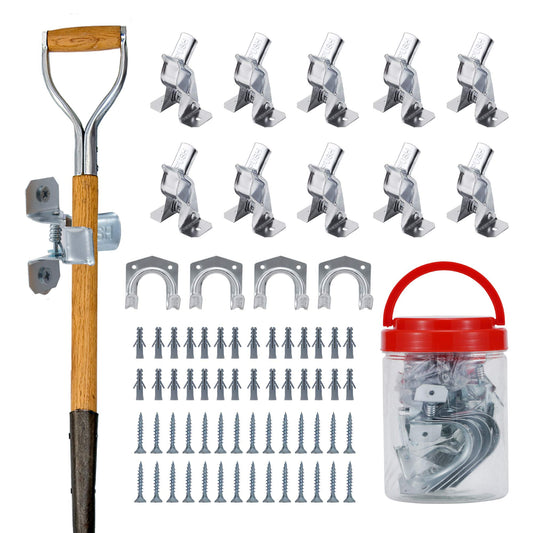 14 Pack Mop Broom Holder Garage Hooks Tool Hanger Metal Wall Mounted Tool Clips Wall Mounted Tool Organizer for Rakes, Shovel, Brooms,Warehouse, Garden,Sheds,Garage