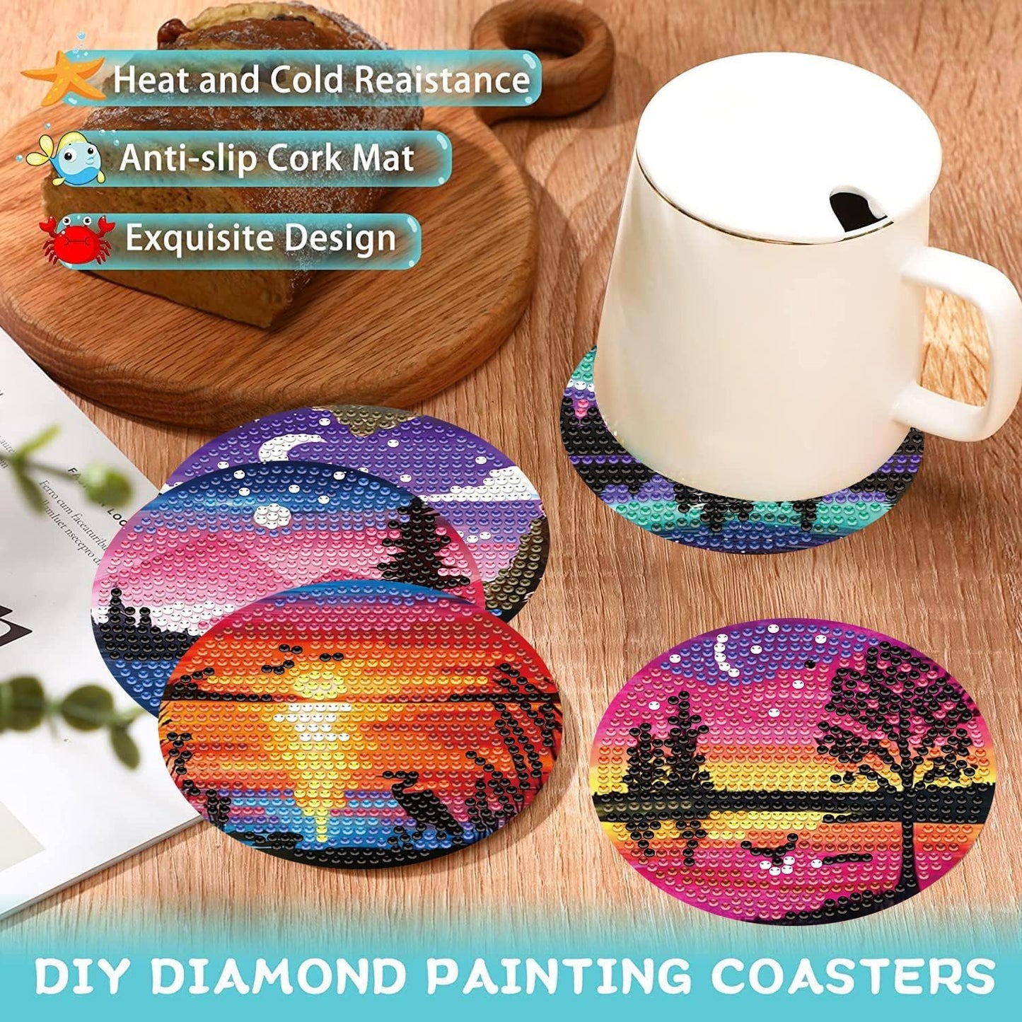 8 Pcs Diamond Paintings Coasters Kits with Holder,DIY Cartoon Coaster Diamond Art Kits,Full Drill Rhinestone Painting Kits for Adults & Kids,Beginners Art Craft Supplie