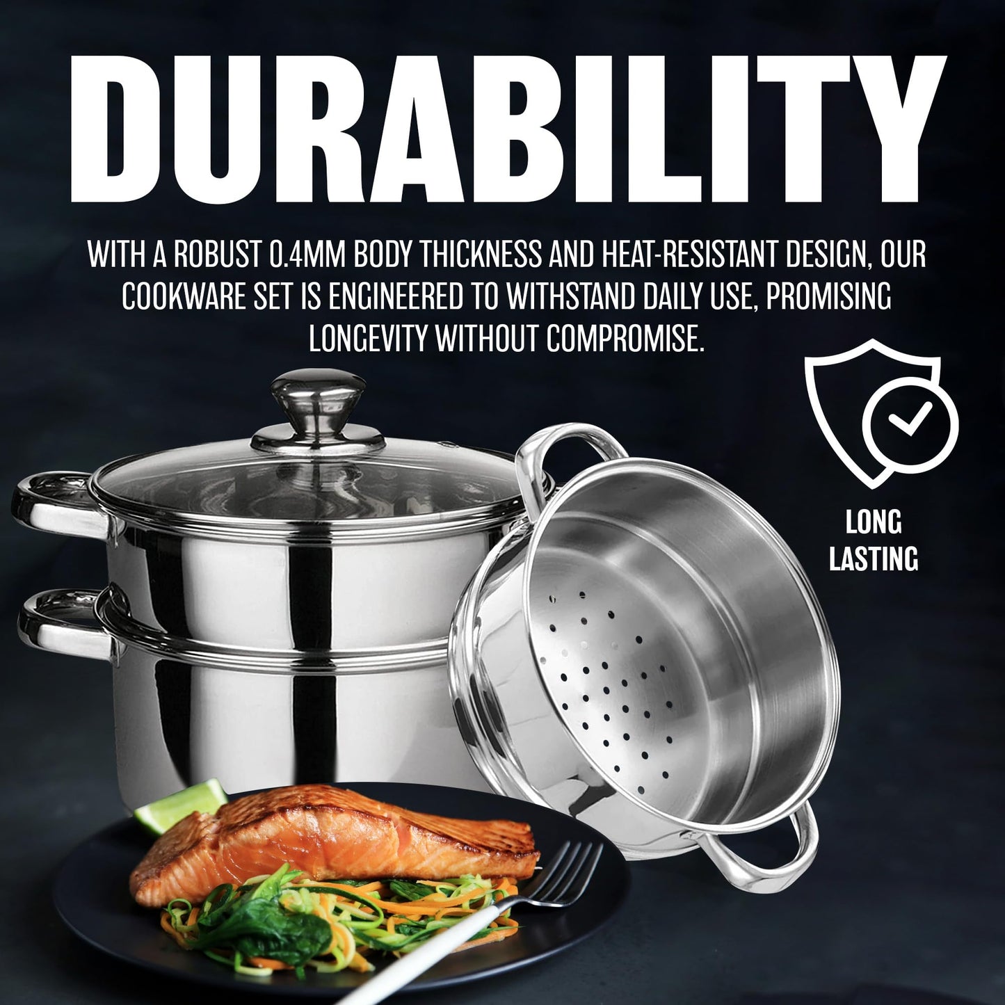 22 cm Deluxe Steamer Cookware Set with Glass Lid & Handles Stainless Steel Pan 3 Tier Pot CAPSULATED Bottom Prima Kitchen Home Cook Chef Healthy Veg Cooking Housewarming Gifts UK Free P&P