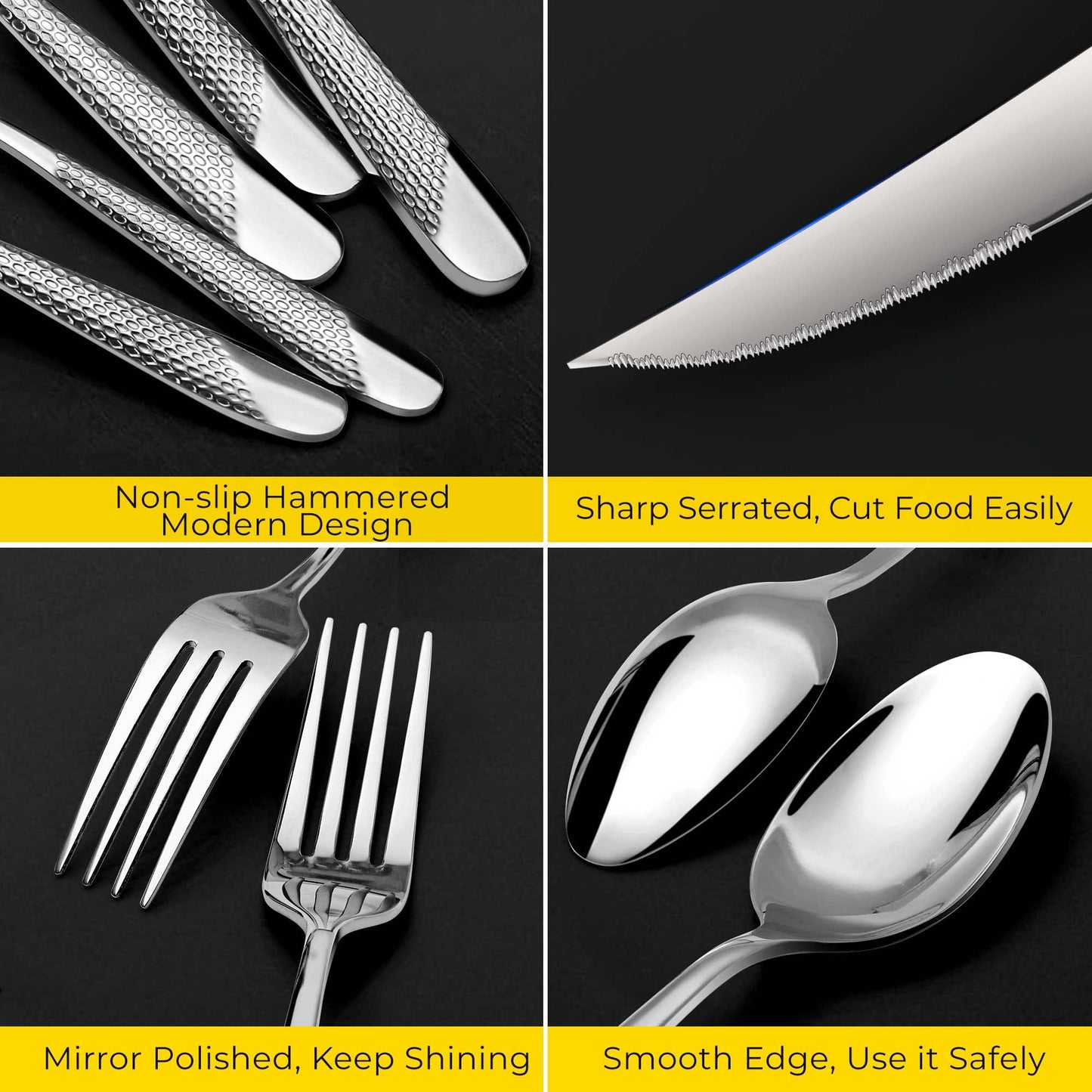 16 Piece Cutlery Set, Stainless Steel Knife and Fork Sets Service for 4, Hammered Pattern Design Tableware with Forks/Spoons/Knives, Modern Silverware Set for Home/Restaurant/Party Silver