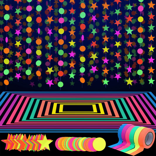 127ft Neon Party Supplies Set, 6 Colors 98.4ft UV Blacklight Reactive Tape, 29ft Neon Paper Garlands Circle Dots Stars Hanging Decorations for Birthday Wedding Glow Party Decorations